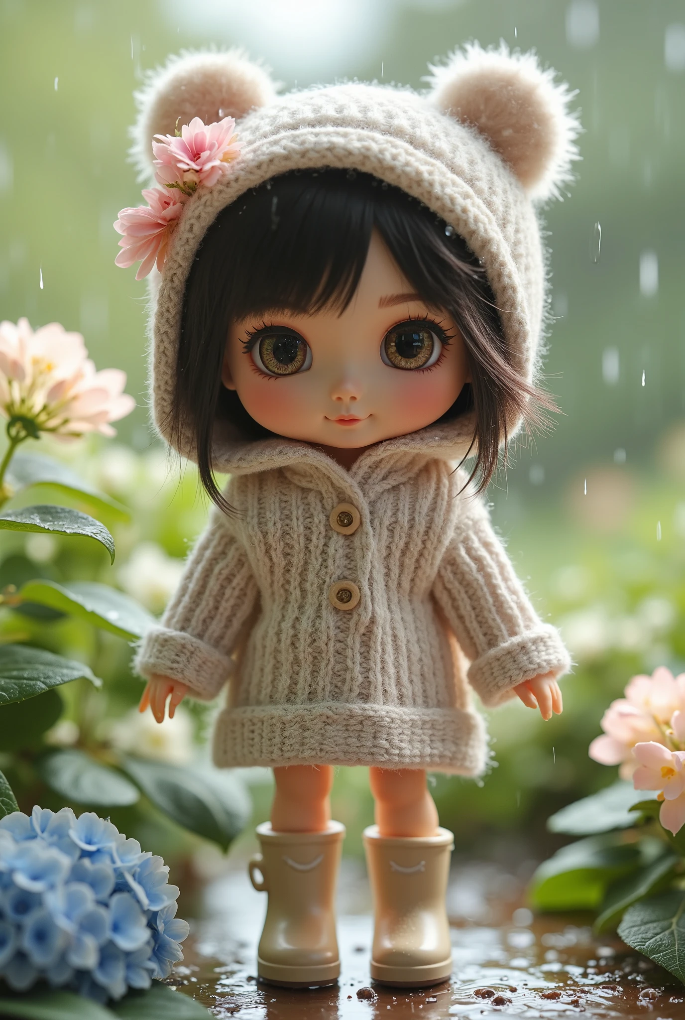 photorealistic、Chibi Doll(Hydrangea-themed casual fashion、light rain)