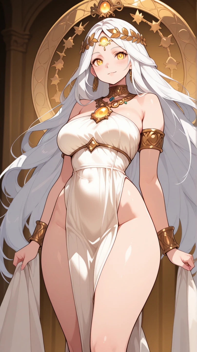 1solo girl Qun Qun Na Olganite dark skin elf succubus, white silver long hair, yellow eyes, white dress, black stockings, white high heels, jewelry necklace, fur coat, big belt heart shaped, portrait full body view from below, detached sleeves arms up showing shaved armpits