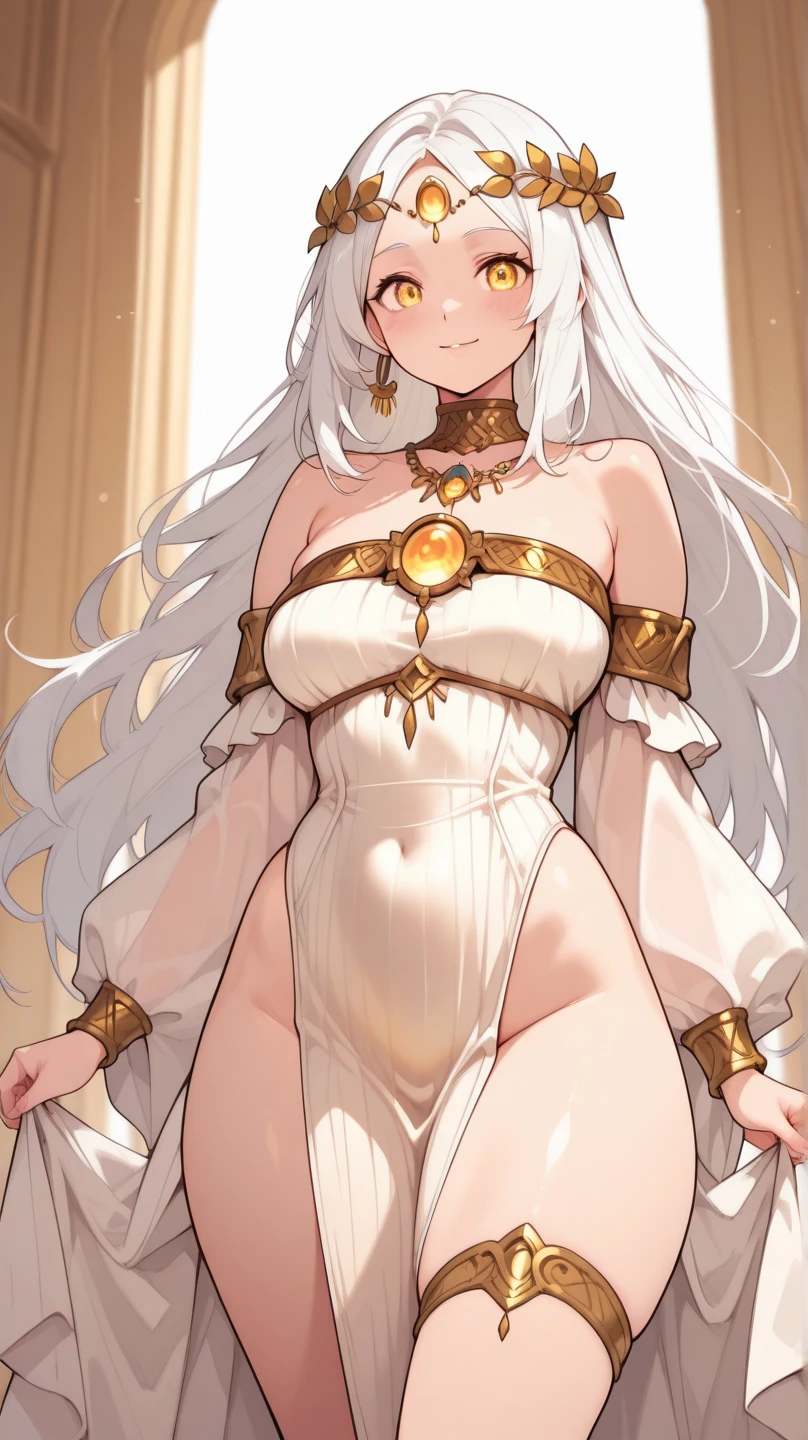 NSFW,masterpiece,Highest quality,High resolution,Very detailed,Girl,Silver Hair,long hair,Golden Eyes,Small breasts,Short height,goddess,A dazzling silk long dress,Arabia,gem,Decoration,Temple of the Night,altar,Your sleeping quarters,Starry Sky,Ancient,Seduce,Sexy pose,Lustful face,Embarrassed,blush