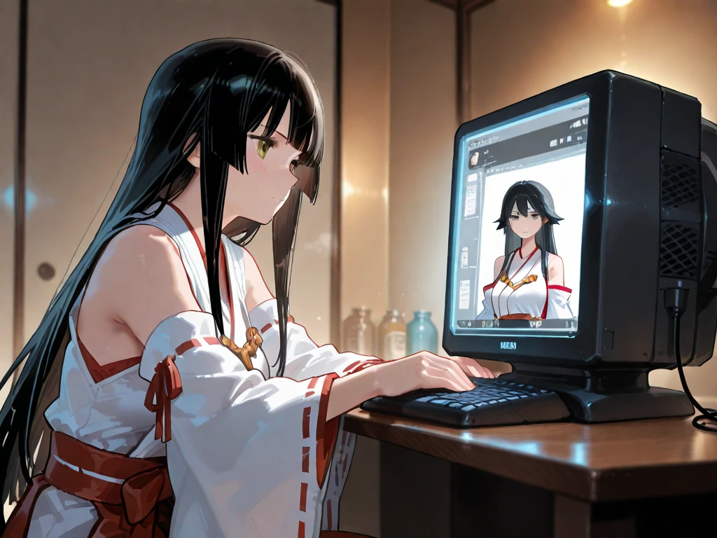 (masterpiece), best quality, high resolution, extremely detailed, detailed background, perfect lighting, 1girl, tareme, (light smile:0.7), full-face blush, very long hair, black hair, hair over eyes, (white long dress:1.2), long skirt, lie on own back, (legs up:0.5), <lora:ThroughScreenStuckMonitorUpperBodyV3f:0.8> through screen, stuck, monitor, (from above:1.2),