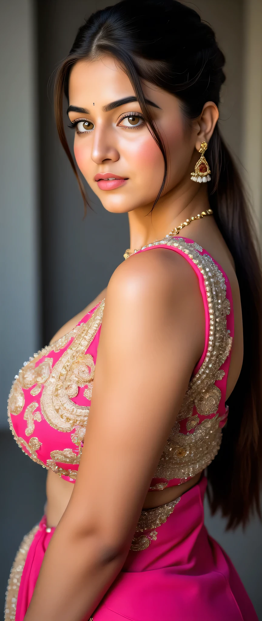 perfect eyes, fantastic face, Indian, beautiful look Indian Girl, ((light lips, bright eyes, sexy long hair style)), (((beautiful details very huge breast ))), (Straight round and ultra huge clevage, not sagging breast), A glorious gorgeous, glorious gorgeous face, pretty face, bright eyes, (detailed Colourfull lehenga with deep neck blouse Designs and Patterns), updo elegant hair, blurred gray tones background, ultra focus, face illuminated, face detailed, 8 k resolution, painted, dry brush, brush strokes, razumov style and garmash style, by Tokaito, (fluorescent colours:1.emi transparent:1.4),(retro filters:1.4),(fanciful:1.4), Soft Fluffy Soft Landscape Light Soft Whimsical Light Cozy Brews Cafe Background Ultra Realistic Ultra High Quality Cinematic Lighting Huge Details Full HD Painting Plenty of light,diagonal bangs,Bright Colorful Hijab headwear ,side masterpiece, best qualityer,real skin,(portrait:1.5), Girl, blunt bangs, (long wavy hair), ((Cozy Brews Cafe)), ((Big Sexy Body Shape)), (((Portrait Photo))), (half open breast wear), (((Sexy Pose))), (((Huge With Cropped Breast Wear))), deep cleavage erotic looks front view looking at viewer pale skin nice lighting seductive poses erotic looks ,sexy long hair style beautiful , front view looking at viewer ,sexy long open hair