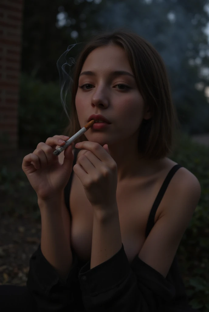 A slutty 18 year old girl rapidly smoking cigarettes, addicted to cigarettes, pigtails, piercings, looking at me, pain, agony, smoking cigarettes, the cigarette ash is growing very long, Sucking very hard on the cigarette, bikini
