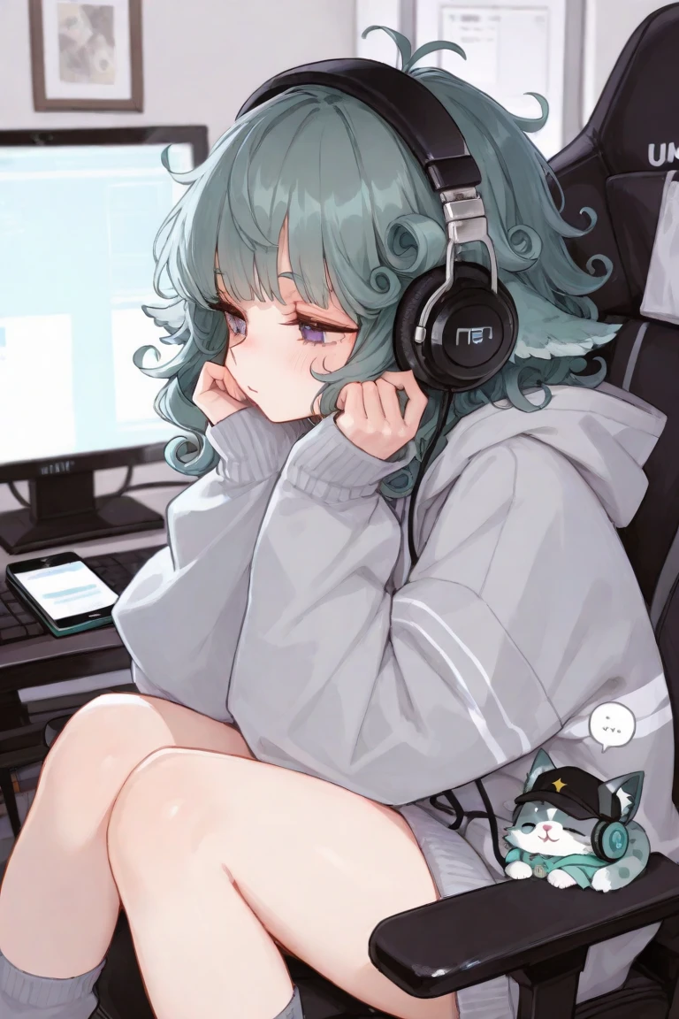 Beautiful girl listening to music with headphones、Cat ears on headphones、Black Hair、Eyes closed、Inside the room、Sitting on a game chair