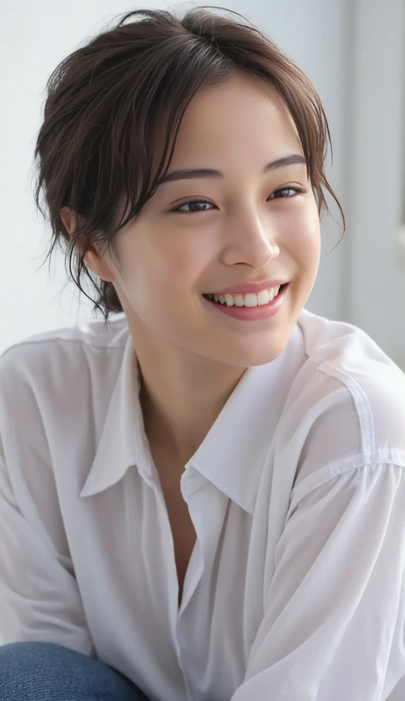 photo-realistic, surreal, cinematic lighting, 32K, 1 girl, look up, Backlight, (bright light:1.2), (Improvement of quality:1.4), (Highest quality realistic textured skin:1.4), detailed eyes, detailed face, shy smile, close up of face, short hair, blouse, (Enhances the beauty of skin texture:1.1), matte texture