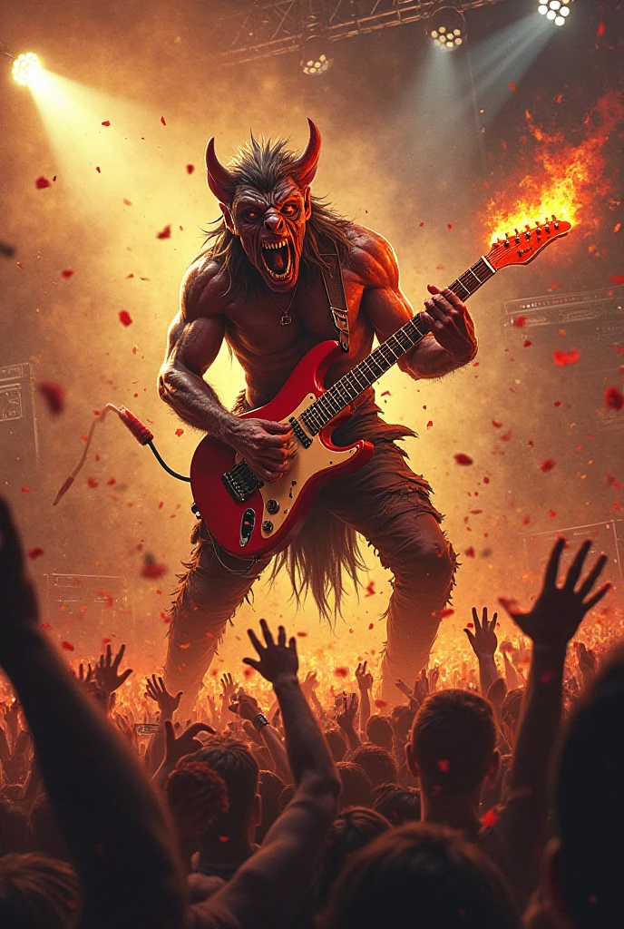 A minotaur that plays electric guitar in a stadium full of lighting