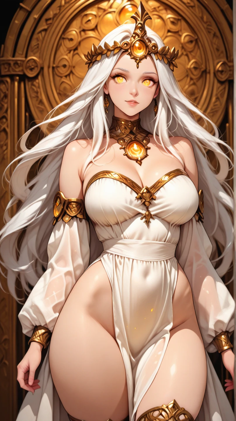 1girl, adult, mature face, long white hair, pale green eyes, innocent, shy, priestess, medieval fantasy, small breasts, lewd, revealing clothing