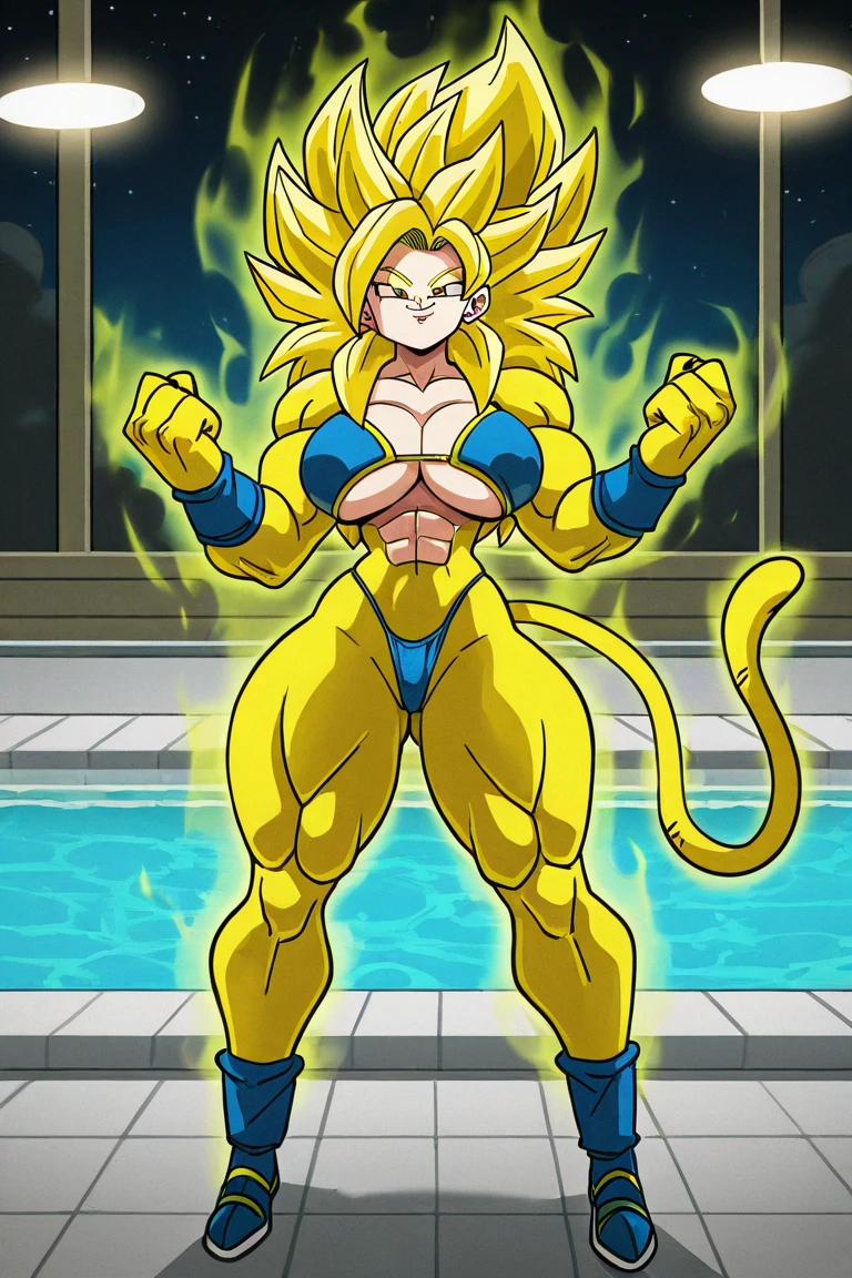 a close up of a yellow pokemon character in a field, insanely inflated hips, thicc, sfw version, mega detailed, nintendo, badass pose, going super saiyan, android 18, ultra mega super hyper detail, hyper, most strongest pose, extremely hyper detailed, 🐎🍑, hyperdetailed!!!, ultra mega detailed, it has lemon skin texture