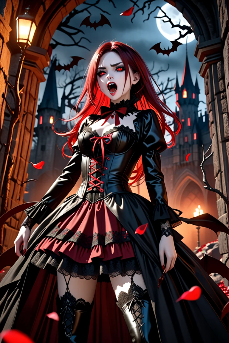 Midnight Cemetery、dawn、Red full moon、darkRedVampire、red and black bat、Red rain、Batware、Put on the bat、Bat Costume、Gothic Dress、Black and white parasol、Fascinating美しさ、Fascinating、Black Rose、skull、Red eyes、八重teeth、teeth、Unnaturally pale skin、Black gloves, (Blood splatter:1.5)