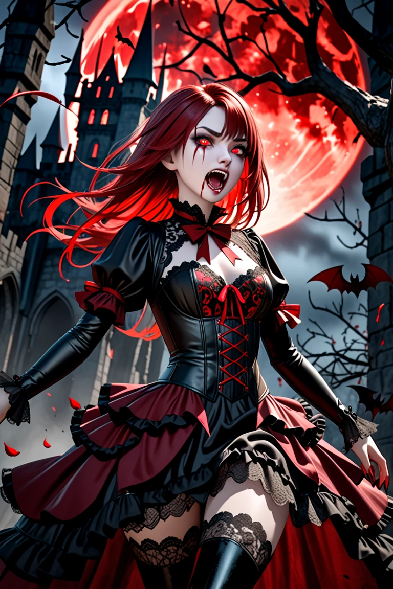 Midnight Cemetery、dawn、Red full moon、darkRedVampire、red and black bat、Red rain、Batware、Put on the bat、Bat Costume、Gothic Dress、Black and white parasol、Fascinating美しさ、Fascinating、Black Rose、skull、Red eyes、八重teeth、teeth、Unnaturally pale skin、Black gloves, (Blood splatter:1.5)
