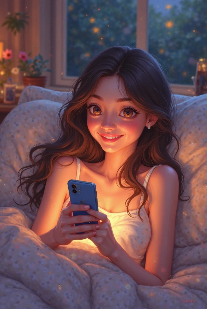 A beautiful girl lying on the bed pressing phone smiling and a text from her boyfriend called ademi❤️ telling her I love you Della on the screen. I want the text to show along side the sender’s name which is ademi❤️. Make it more like cartoon 3d but the name has to show
