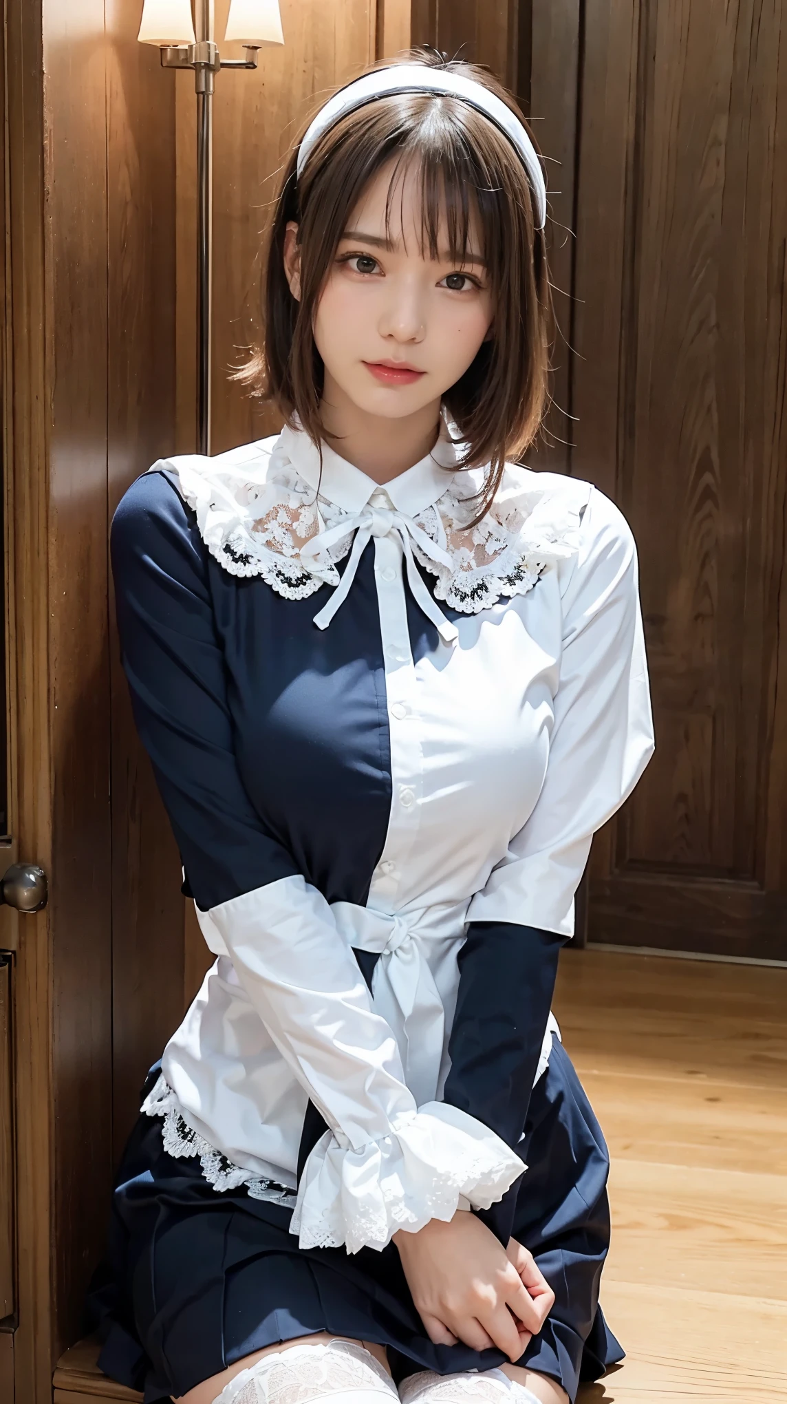 Photographed by a professional photographer、((On a deep mountain path, Dark Sky)), (((Round face))), (blush, Droopy eyes), ((Bend and open your legs, Showing genitals)), young woman, White summer shirt, ribbon, Pleated skirt, uniform, Earrings, anatomically correct, high details, textured skin, best quality, 8k