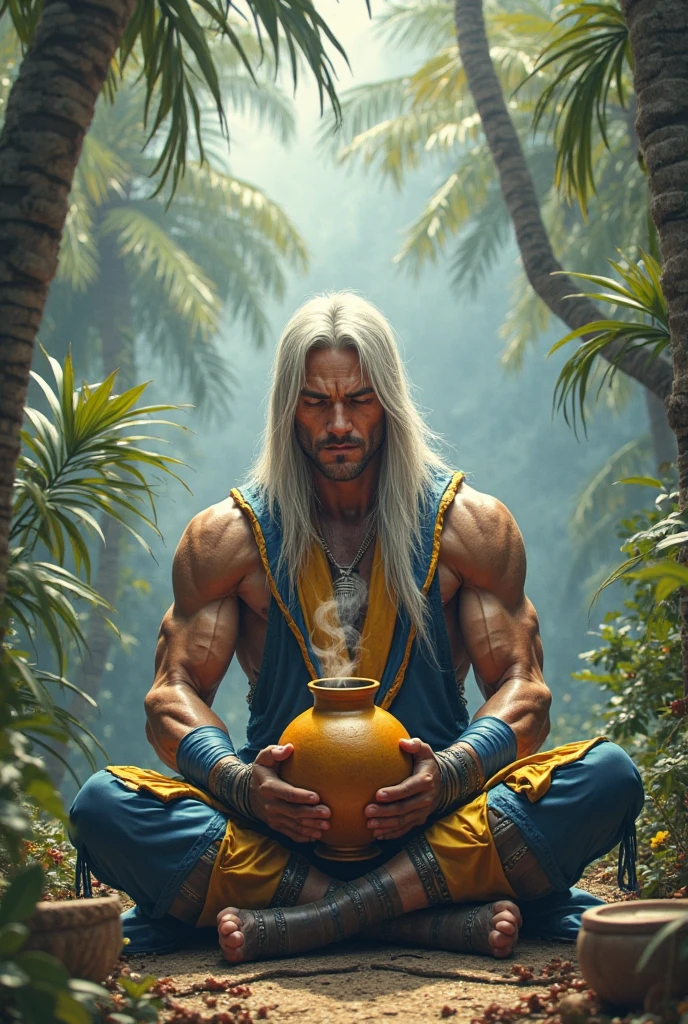Frontal view of a middle-aged man, alone, athletic body, with long white hair, with a short, white beard, with tight blue eyes, (very well defined face: 2.5), (sitting on top of a giant lotus flower: 1.4), (with crossed legs: 3.0), (very well defined feet: 2.5), (with his hands resting on his legs: 2.0), (the palms of the hands facing upwards: 1.8), (very well defined hands: 2.5), with the upright posture, wearing white pants, (shirtless, with belly, chest and arms exposed: 2.0), (in deep meditation: 3.0), in a natural landscape, with a river and a large waterfall, some trees and during sunset.