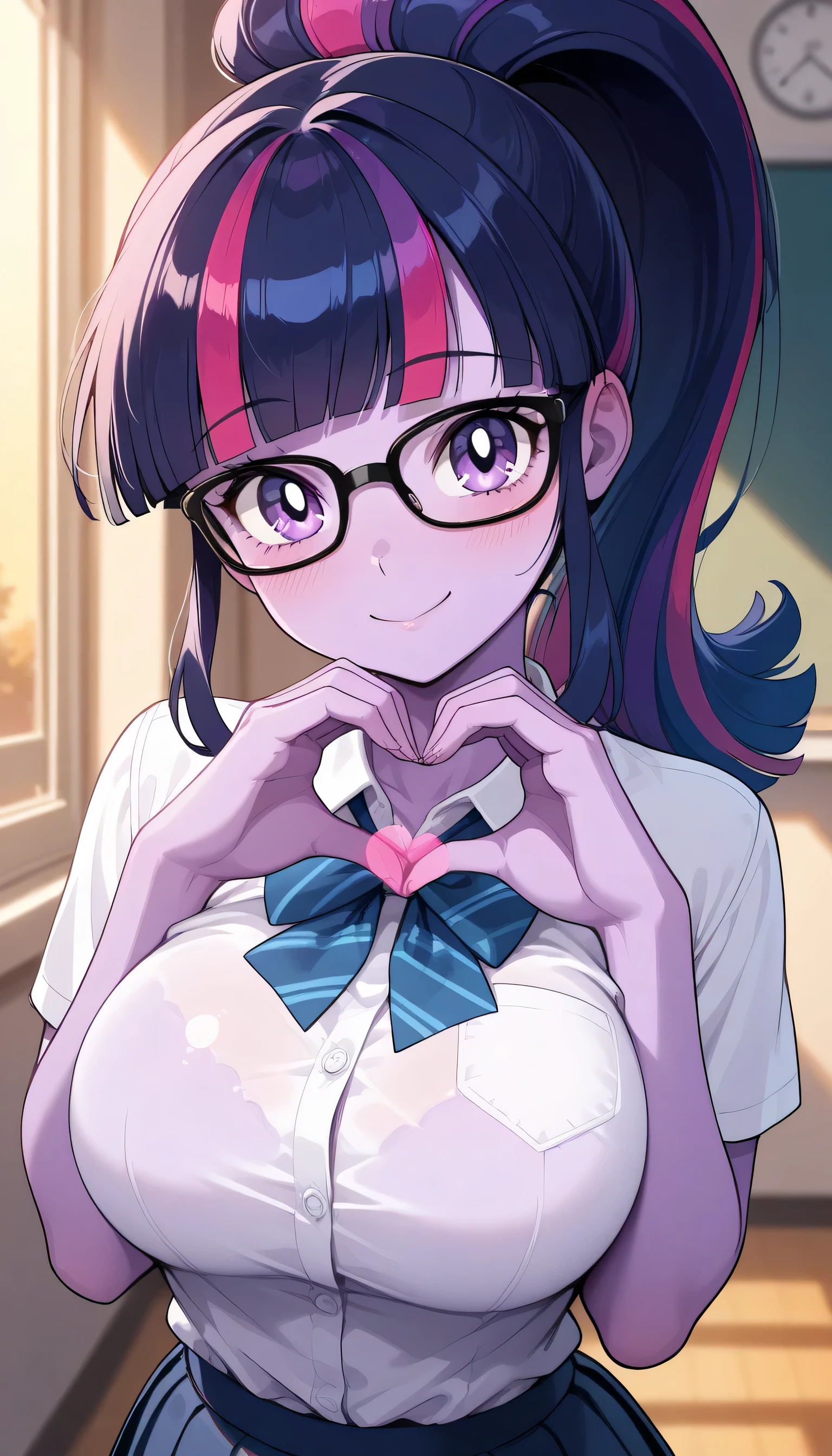 solo, heart, , heart_hands, looking_at_viewer, smile,large breast,Outside school ,Twilight Sparkle SciTwi EQG Glasses Ponytail Blue hair Purple skin and eyes