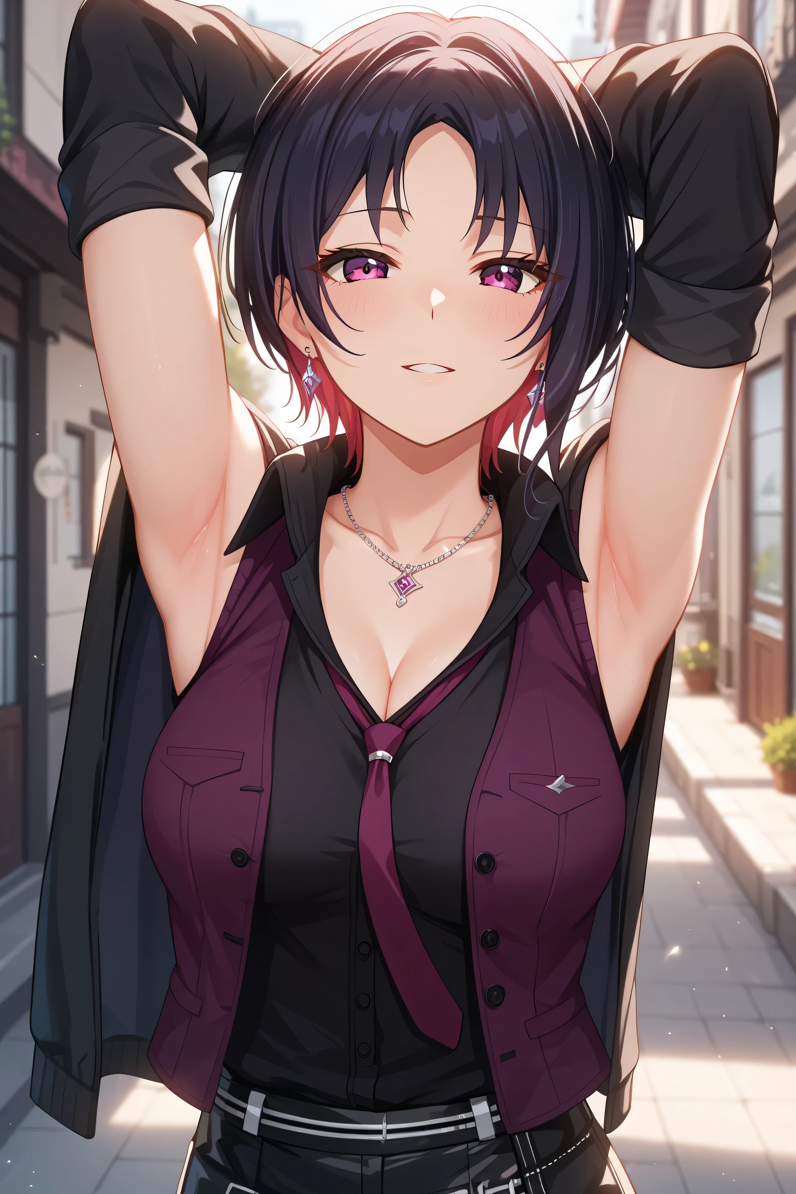 anime coloring, anime screencap,master piece、Best Quality,Super detailed,High resolution,Extremely detailed CG,Unity 8K Wallpaper,weat,score_9, score_8_up, score_7_up, score_6_up, score_5_up, score_4_up, source_anime,RenDefault, multicolored hair, short hair, parted bangs, earrings, necklace, black shirt, collared shirt, purple necktie, purple vest, black jacket, jacket on shoulders, microskirt,mature female、armpit focus