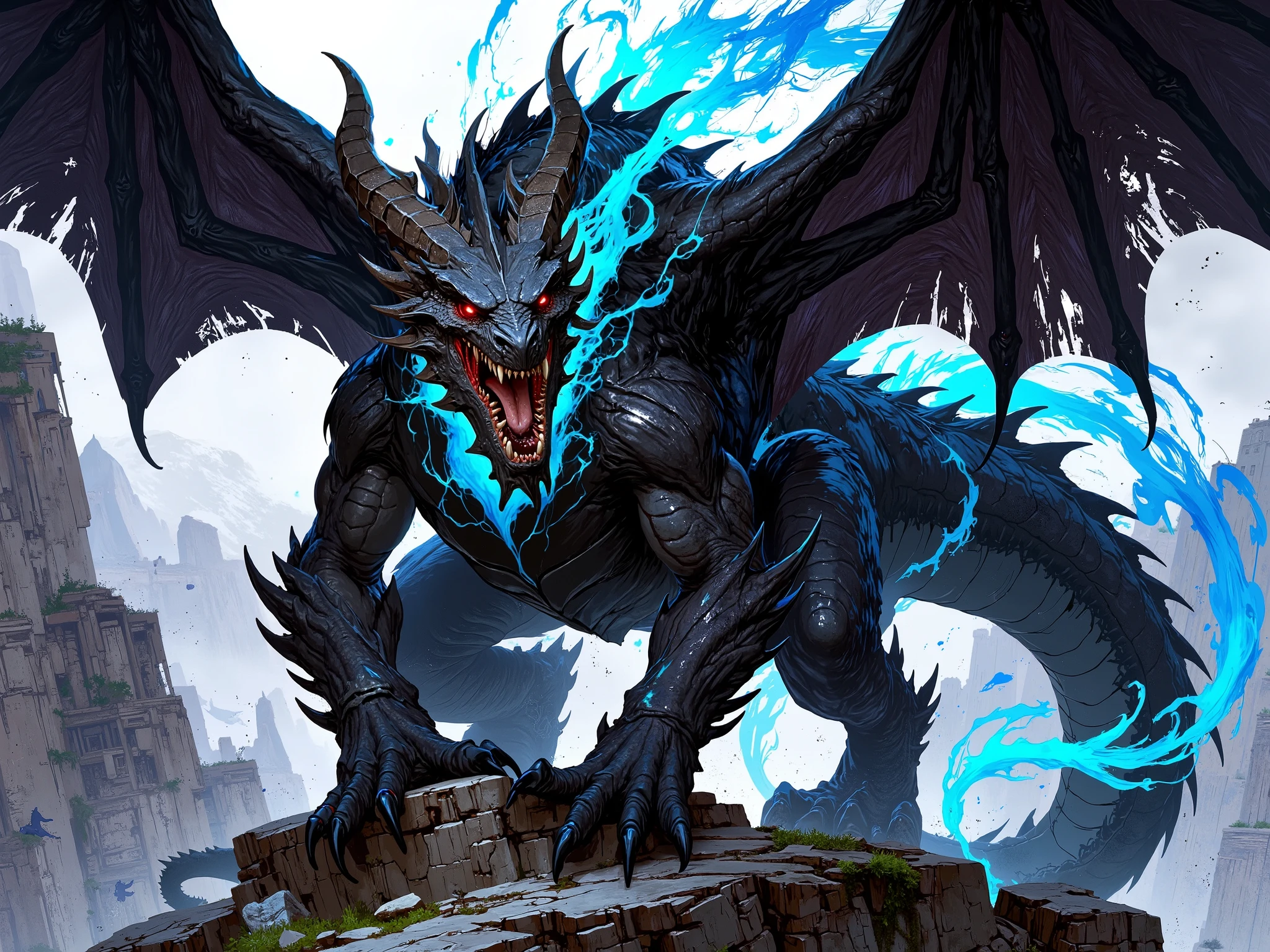 black dragon with open wings and blowing blue fire in the center of the screen, dragon red shine eyes, this dragon is on top of the stonehenges, dragon with two wings, four legs and three fingers on each leg, sharp teeth and colossal roar, dragon with very hard and black scales, majestic and powerful dragon