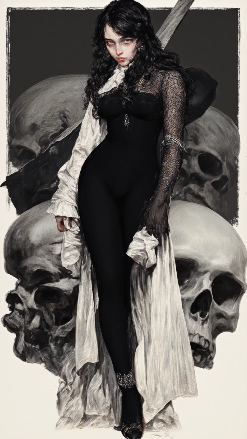 ((masterpiece)),((best quality)),((high detail)),((realistic,)) ((ultra detailed)), green eyes, wearing black robe, simple background, gray background, monochrome), solo, 1girl, long white hair, female body, looking at the viewer, tattooed thighs, medium breasts, (((skull))), crumpled skin, skin fragmentation, fragmented skin, cracked skin, skin torn into pieces, ceramic style