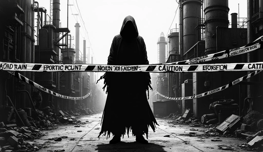 Create an image with the phrase "Y or E", chrome and melting as title.
And put a hooded and dark being, chained and with one eye glowing blue and the other red.
And a warning from "danger do not open"
