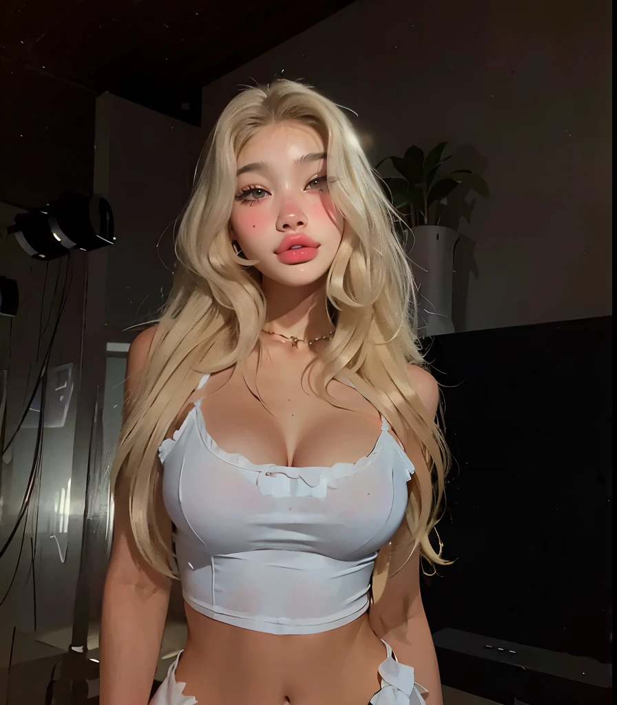 Young Thai woman, Fit physique, fitness physique, 18 years old, wearing sexy black lingerie sitting on the couch with legs open, corps sexy, (8k), (Best quality), (Masterpiece:1.3), (Realstic), (photoreallistic:1.34), Ultra-detailed, [beautiful detailed eyes], (sourire), (sourire), (beautiful nose detailed), [very long blonde hair], (haut court), lingerie noire, (superbes seins taille normale), (gros plan), profondeur de champ, full body view, sitting on sofa, legs spread, showing crotch, pieds en l'air. make up, red lips.