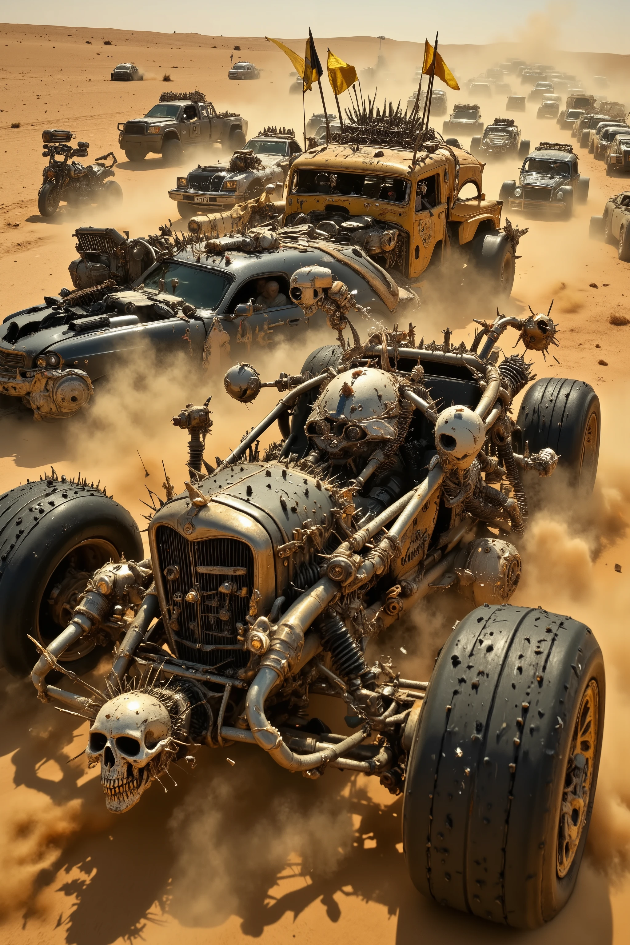 a lot vehicles and bike,Cars and bikes with flashy decorations are racing,Clashing violently,Spark, spiked cars,flags,Skull decoration,in Desert,post-apocalyptic,(Speed lines,Motion lines),heavily modified vehicle,massive wheels,spikes and armor plating,menacing presence,volumetric fog ,dust and grime effects,sandstorm,Wetering and weathering,from the Mad Max movie,from fist of the North Star,apocalyptic,Car chase scene,cinematic composition,dynamic angle,dramatic,cinematic lighting,chiaroscuro lighting,realistic image,beautiful detailed,High Definition,high detail,realistic,high detail,0y5top1a8e