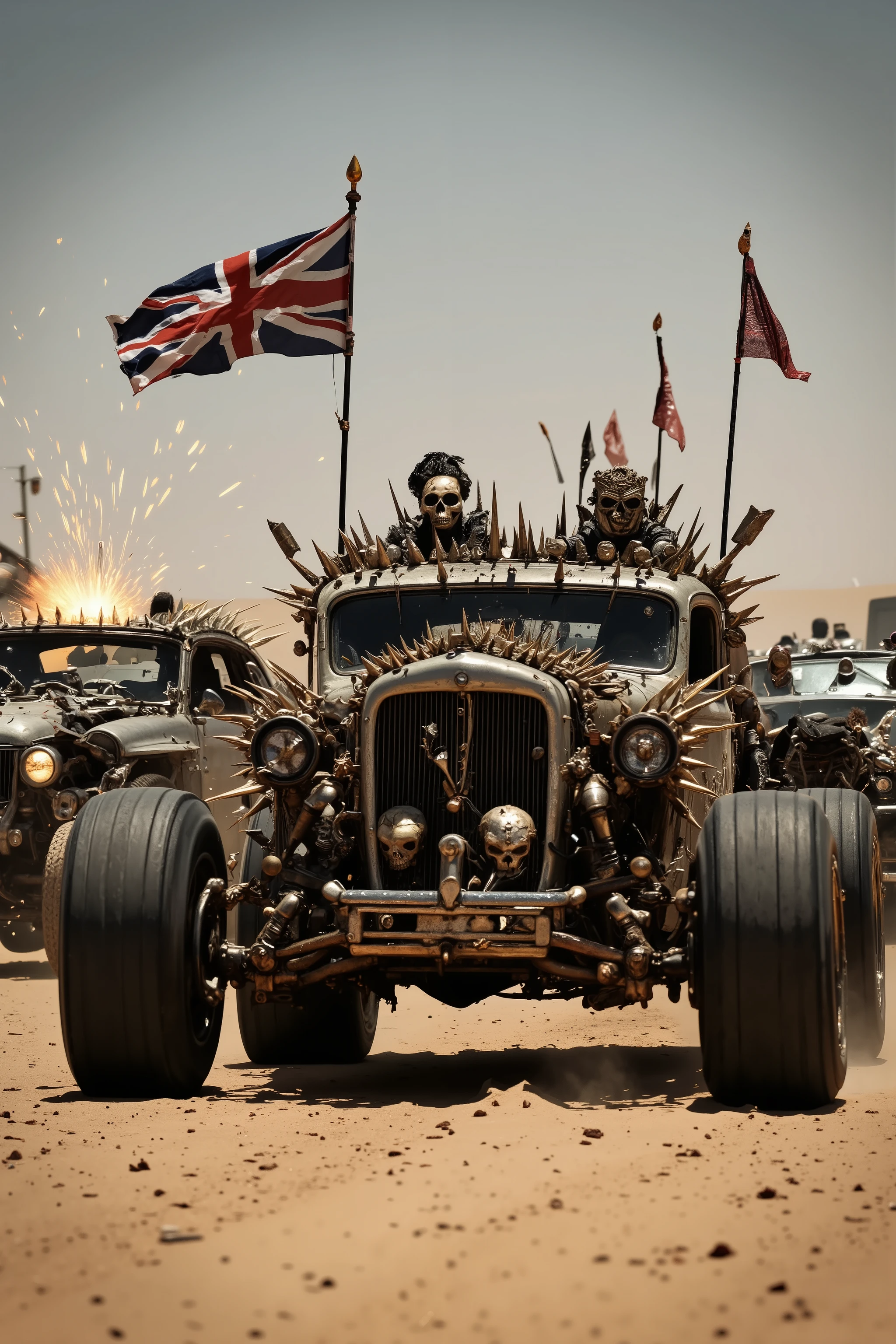 a lot vehicles and bike,Cars and bikes with flashy decorations are racing,Clashing violently,Spark, spiked cars,flags,Skull decoration,in Desert,post-apocalyptic,(Speed lines,Motion lines),heavily modified vehicle,massive wheels,spikes and armor plating,menacing presence,volumetric fog ,dust and grime effects,sandstorm,Wetering and weathering,from the Mad Max movie,from fist of the North Star,apocalyptic,Car chase scene,cinematic composition,dynamic angle,dramatic,cinematic lighting,chiaroscuro lighting,realistic image,beautiful detailed,High Definition,high detail,realistic,high detail,0y5top1a8e