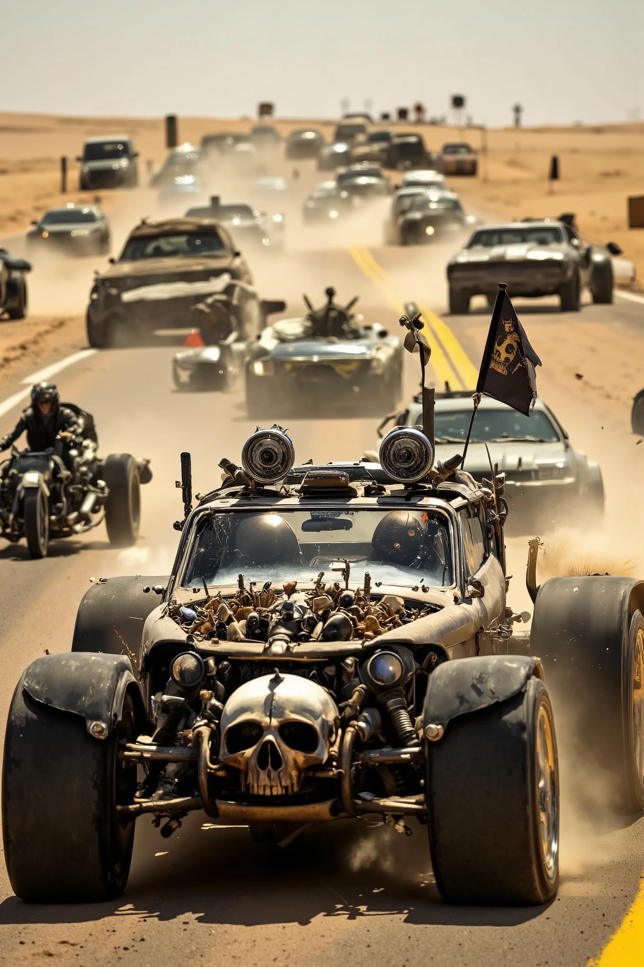 a lot vehicles an speeder bike,Cars and bikes with flashy decorations are racing,Clashing violently,Spark, spiked cars,flags,Skull decoration,in Desert,post-apocalyptic,(Speed lines,Motion lines),heavily modified vehicle,massive wheels,spikes and armor plating,menacing presence,volumetric fog ,dust and grime effects,sandstorm,Wetering and weathering,from the Mad Max movie,from fist of the North Star,apocalyptic,Car chase scene,cinematic composition,dynamic angle,dramatic,cinematic lighting,chiaroscuro lighting,realistic image,beautiful detailed,High Definition,high detail,realistic,high detail,0y5top1a8e
,74-z