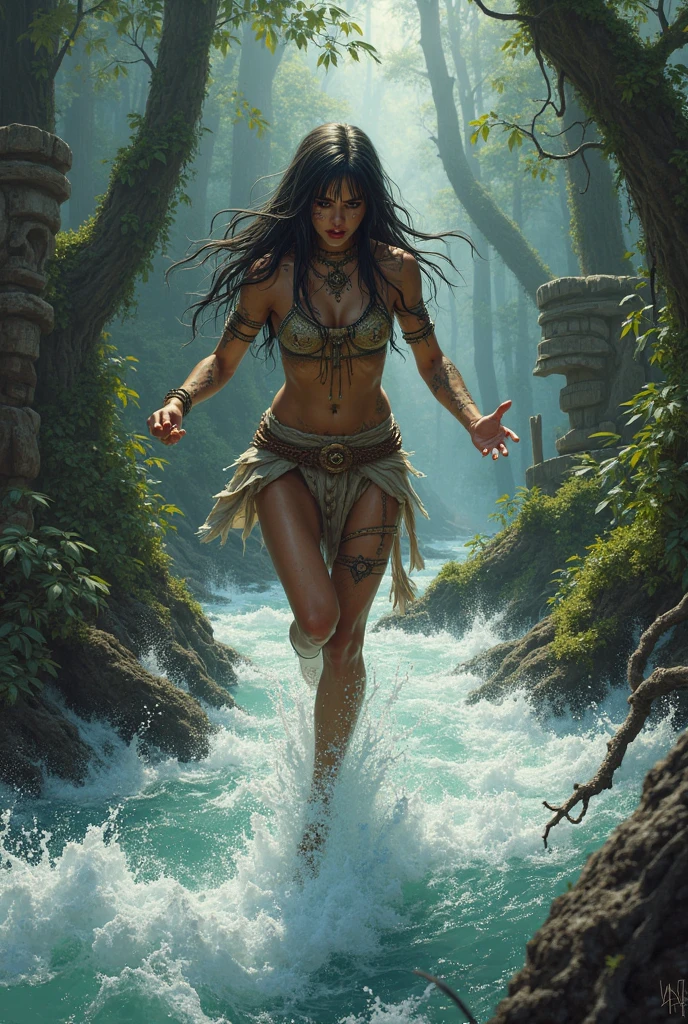 a naked girl based on Jenna Ortega swimming in a river, hentai, highly detailed cinematic fantasy portrait, black outlining, full color illustration, in the style of BORIS VALLEJO & JULIE BELL, masterpiece, 8k, ultra-detailed, physically-based rendering, vivid colors, dramatic lighting, intricate background, photorealistic