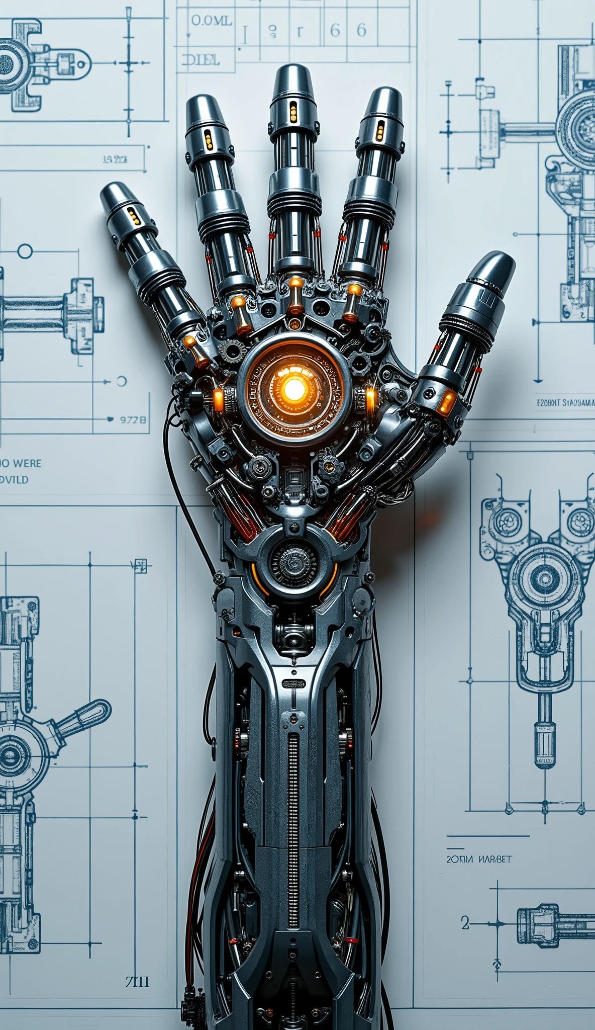 complete robotic human arm, biomechanical human arm made of titanium, gears, cables, LED lights, Blueprints of the design and development of a robotic human arm in the background, Top view, intricate details super detailed, hombro biomecánico, brazo robóticas, manos robóticas