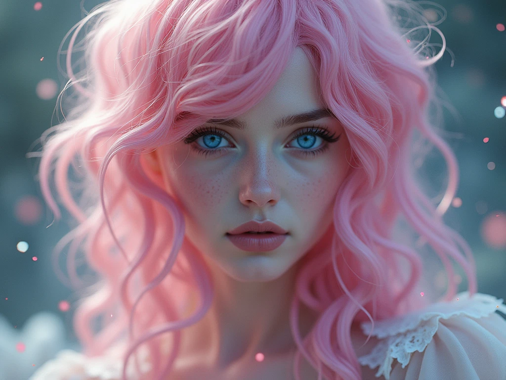 With pink hair and purple eyes,beautiful as a fairy,A melancholy expression that stirs affection,side face,floating hair,light particles,glare,vivid,fancy,dreamlike,a dim atomshpere,college-aged,average-sized cleavage covered by sweater,not showing,sad,tears