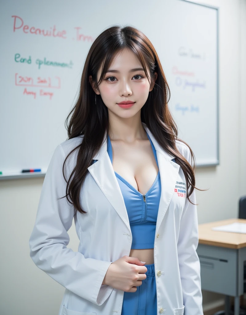 ((8K, RAW Photos, of the highest quality, Masterpieces), high definition RAW color photos professional photos, (Realistic, Photorealism: 1.37), (Highest Quality), (Best Shadows), (Best Illustrations), ((Cute, Beautiful, Ultra High Resolution, High Definition CG Unified 8K Denden Wallpaper, Physically Based Rendering, Movie Lighting), (aegyo sal:1), (cowboy shot),(1 japanese woman),(Photo of a woman in Japan 34 years old), (medium breasts), (sexy Face), (black monokini one piece swimsuit), (doctor's white coat), (Stethoscope),High School Classroom, Beautiful detail eyes, Light on the Face, ((Cowboy Shot: 1.2)), especially strong light, (Upper Eyes, Grinning smile:1.2),Shiny skin, ((Random Hair Styles)), ((Random colored hair)), (thick thighs), ulzzang -6500-v1.1:0.2, Shy, (The Flash:1.2), ((enchanting posture: 1.3, Attractive: 1.2)), (idle), ((Good anatomy: 1.2)), ((Bright and refreshing classroom, the background is blurred: 1.2)), Perfect face, Cute face, (high-angle shot:1.2)
