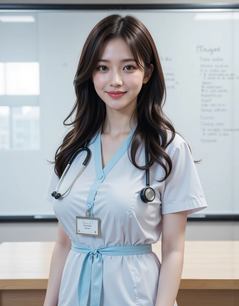 (masterpiece, best quality), 1girl, A beautiful young Japanese woman, wearing (((open white lab coat))), (light pink nurse dress), (stockings), ((fingersmile)), (cowboy shot), extremely detailed face and eyes, detailed facial features, intricate details, realistic, photorealistic, photo-realistic:1.37, best quality, 8k, masterpiece:1.2, ultra-detailed, vivid colors, studio lighting, physically-based rendering, ((perfect face)),