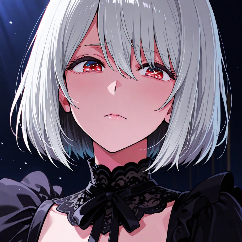 The ethereal beauty of white-haired Squigly shines amid a dark graveyard. Describe la escena misteriosa que la rodea