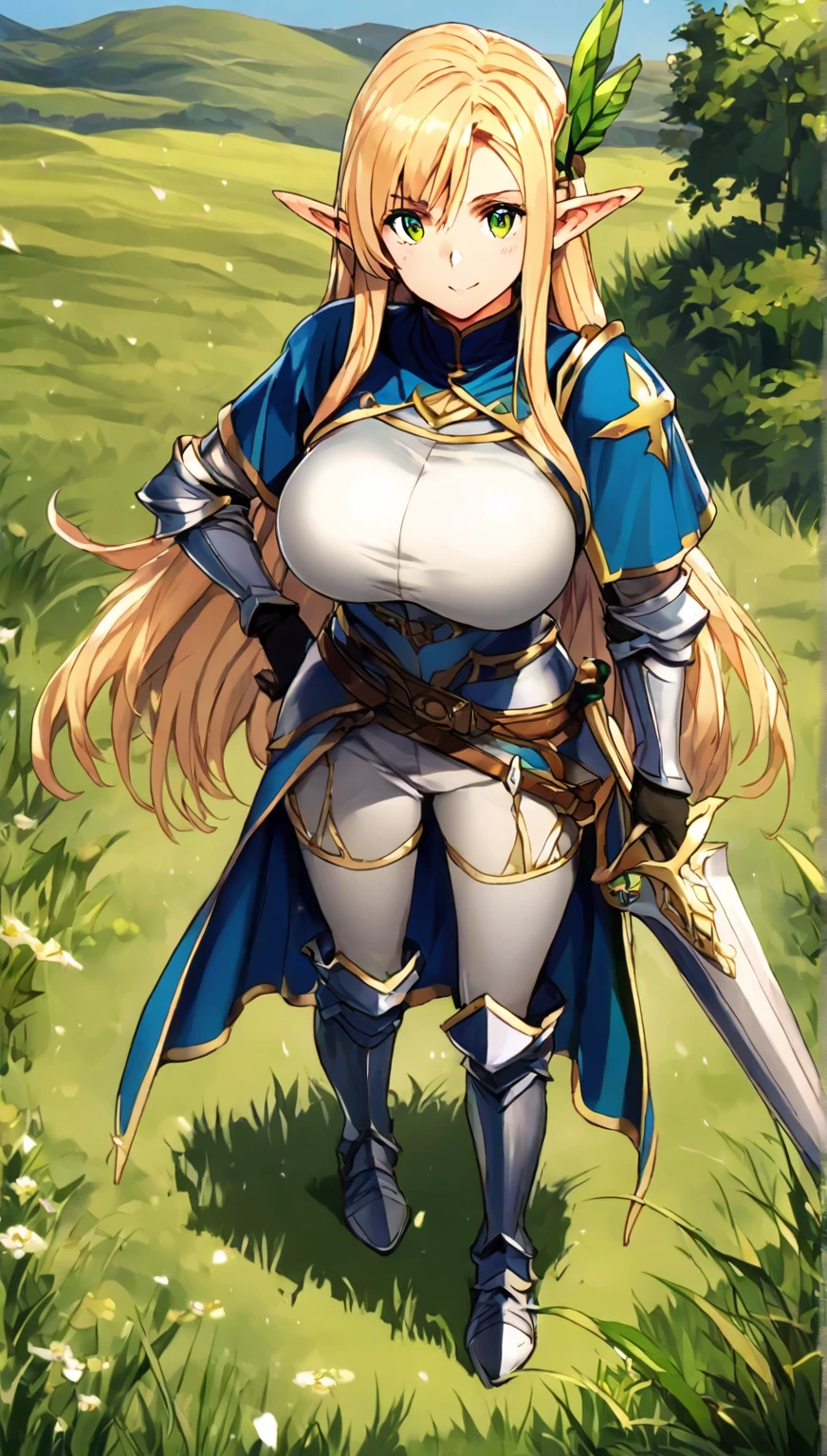 Masterpiece, best quality, 1girl, perfect body, perfect boobs, long hair, blonde hair, blue eyes, white armored leotard, highleg, highleg leotard, cleavage, groin, transparent, see-through, covered nipples, covered pussy, uncensored, cape, pauldrons, shoulder pads, ((black gloves)), (blue armored gauntlet), ((knee boots, blue armored boots)), valkyrie tiara, valhalla, garden, day, standing, full body, stern look, smile, looking at viewer, facing viewer, solo, solo focus, Granblue Fantasy style, ((adorable, cute, kawaii))