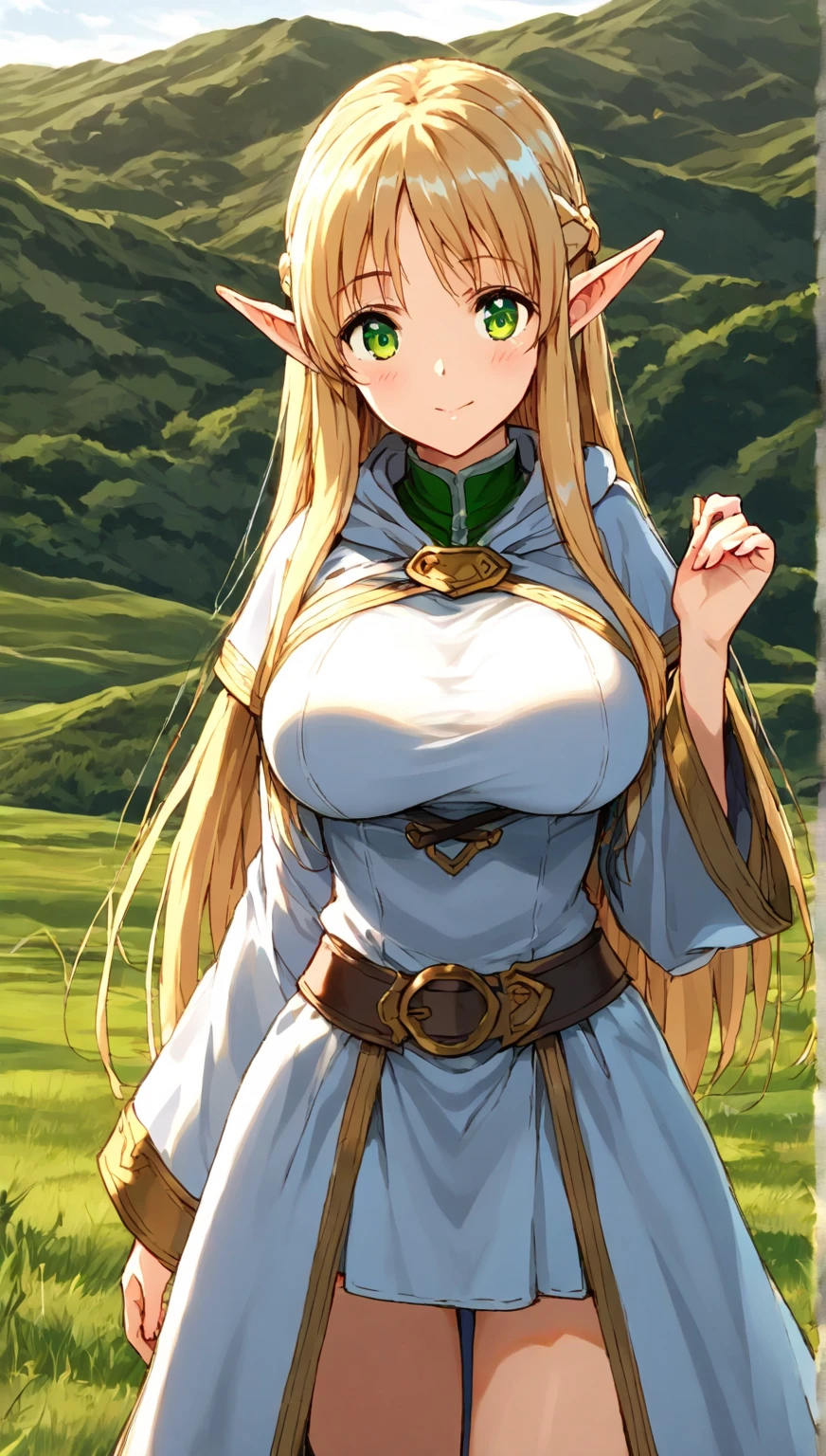 (a giant elf looking down at tiny human medieval army on a cliff: 1.5), (a tiny army of adventurers on a cliff below the breasts of a giantess elf: 1.2) (elven forest: 1.2), (giant elfgirl), (closeup breasts and face: 1.5), (tiny medieval army with knights and adventurers: 1.3), (from below: 1.1), (long stretch of land: 1.1), (sky background: 1.1), smug