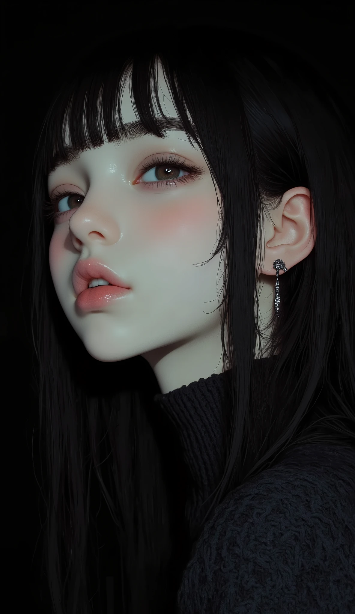 Zoom up of a dark-haired dark-eyed anime girl、profile, black background、Well-aligned bangs、 black knit、Everything other than the skin blends into the black background、Kuvshinov, ilya Kuvshinov face, Kuvshinov ilya, illya Kuvshinov, Dia, ( ilya Kuvshinov ), ilya Kuvshinov. 4k yen, ilya Kuvshinov!, breathtaking ilya Kuvshinov
