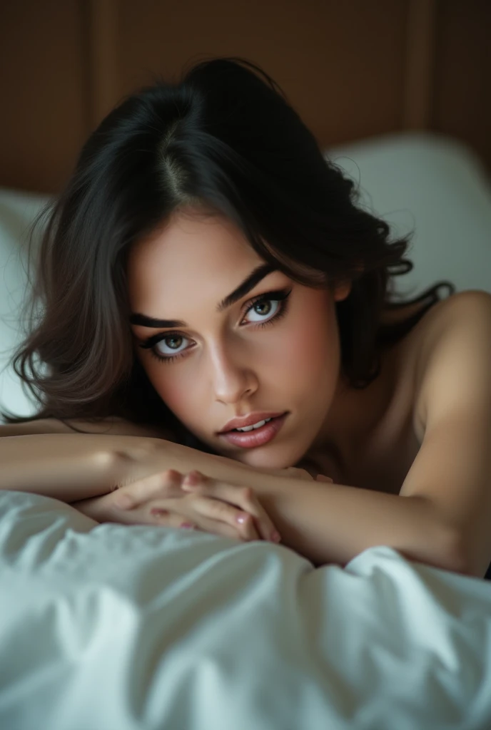 no clothes, girl lying face down on bed, Juicy ass, head turned around, mouth partially open, sexy brunette, big tits, perfect but, tight ass