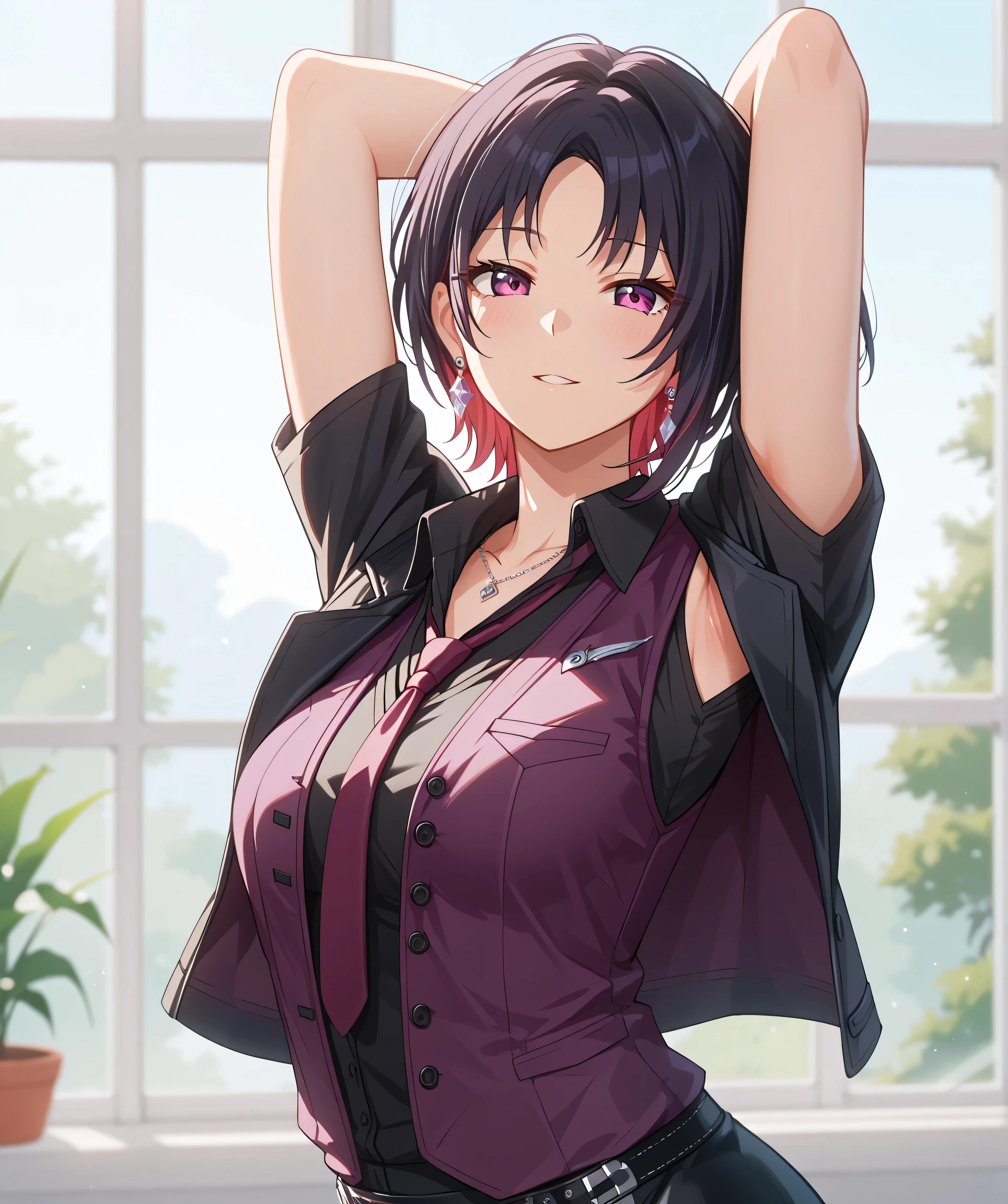 anime coloring, anime screencap,master piece、Best Quality,Super detailed,High resolution,Extremely detailed CG,Unity 8K Wallpaper,weat,score_9, score_8_up, score_7_up, score_6_up, score_5_up, score_4_up, source_anime,RenDefault, multicolored hair, short hair, parted bangs, earrings, necklace, black shirt, collared shirt, purple necktie, purple vest, black jacket, jacket on shoulders, microskirt,mature female、armpit focus