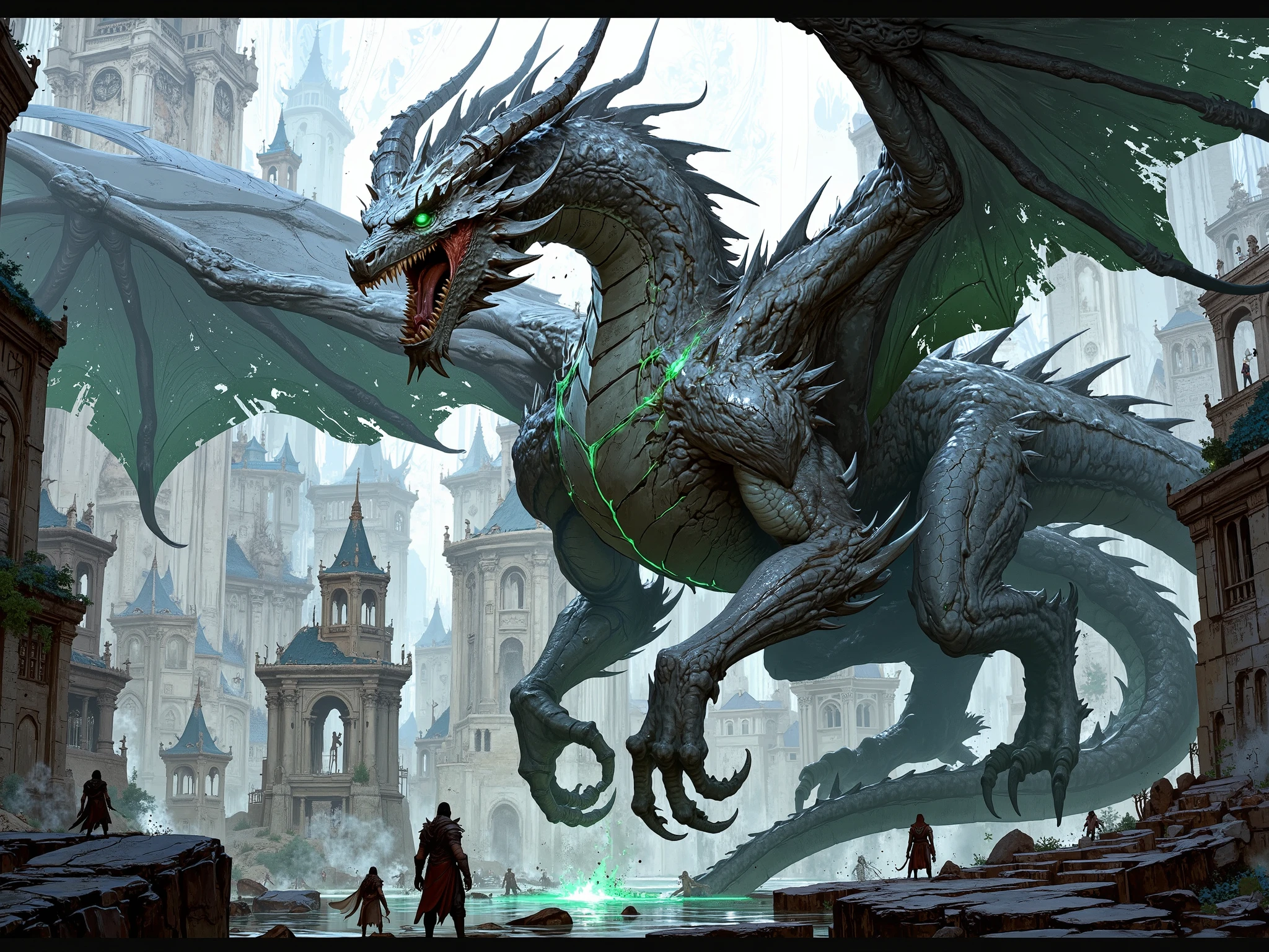 ((FULL BODY)), gray dragon with luminous emerald green eyes with four wings and extremely giant next to two towers that are small near him, dragon with four wings and two tails, luminous green eyes, hard gray scales, sharp teeth and colossal dragon, RPG character, 4k, Unreal engine, intricate, highly detailed, beautiful lighting, advanced quality, 8k, trending artstation, professional, dramatic, illustration, high quality, beautiful character, Premium portrait, F/22, symmetrical and dynamic poses, RPG, masterwork, advanced quality , beautiful lighting.