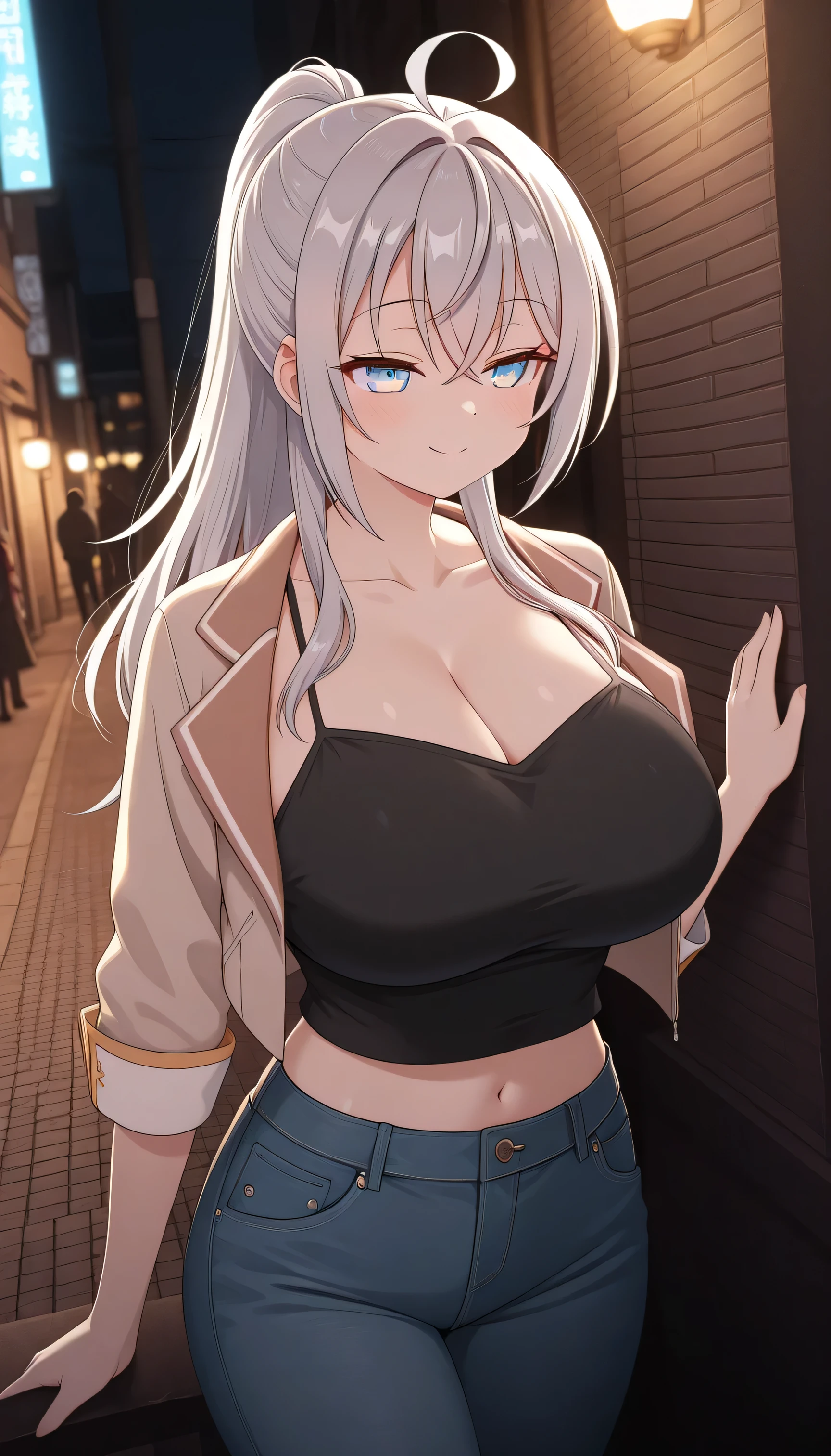 (best quality:1.5, highres, UHD, 4K, detailed lighting, shaders, perfect graphic), alisa mikhailovna kujou (roshidere), long hair, silver hair, ahoge, crossed bangs, ponytail, sidelocks, blue eyes, huge breasts, open jacket, camisole, crop top, jeans, sexy, erotic, seductive, lewd, smile, standing, street background