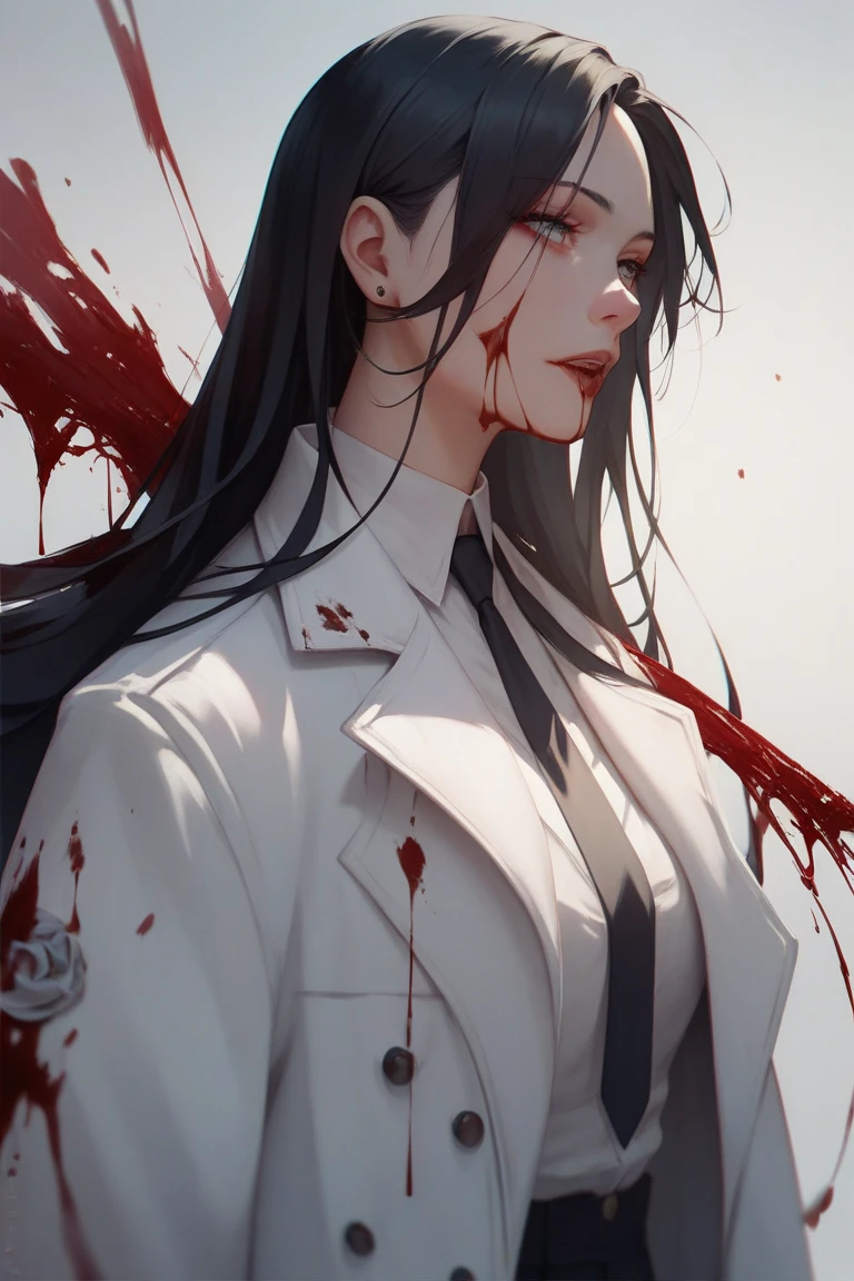 1girl, solo, long hair, looking at viewer, shirt, black hair, red eyes, long sleeves, holding, hair between eyes, jacket, white shirt, upper body, weapon, parted lips, collared shirt, holding weapon, mole, black jacket, blood, floating hair, formal, suit, knife, mole under mouth, blood on face, holding knife, blood on clothes, blood on weapon,
<lora:pilyeon-04:1>