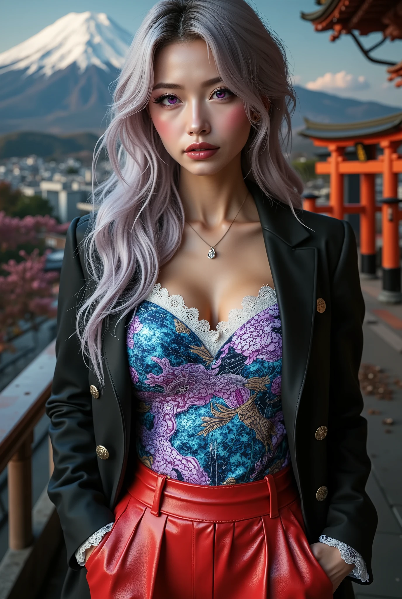  [Style: - "8k, masterpiece, realistic, Photorealistic realism, Hyper high resolution" - "highest quality, intricate ultra-detailed digital art"] (Key Directive: - "The priority is the anatomical accuracy and texture of the materials" - "Ultra-sharp human eyes with biological accuracy") {Character: "full body shot , beautiful girl , perfect female body , full bodyesbian , ((Beautiful long legs in good style:1 . 35)) ((no bra , no panties:1 . 3)) (medium butt) (skinny body build) (perfect hot model body:1 . 4) ((slim belly: 1 . 2)) (muscular body) (firm and full breasts:1.4)]" | Face: "full lips, pink lipstick, intense gaze" | Eyes: - "(sharp focus, no blurry eyes, Hyper absurd quality, Hyper details, Hyper realistic purple eyes:1.3)" - "((extra narrow eyebrows))" - "(Carefully draw Long blue_mascara:1.2)" - "(perfect round eyes)" | Hair: "long hair, white hair, curls at the ends of the hair, hair above one eye(((slicked to the on side)))" | Pose: "elegant pose" Outfit: [Top: "modest office suit , (multicolored leather ((inprinted shiny textur Japanese dragon))] [white lace undershirt:1.4"] [Bottom: ["(pleated skirt:1.24)" | "(Luxurious shiny, red leather:1.3]"] - "(a bold, feminine, elaborately detailed: 0.7)"] Environment: "((Mt. Fuji tori))" Lighting: "studio lighting, monochromatic, striking contrast, dramatic shadows" (Rendering engine: "Unreal Engine 5 path tracing, 16K texture maps") | The ultra-Highres,Unreal 5,Subsurface scattering,PBR Texturing,Post-Processing,Anisotropic Filtering,depth of fields,Maximum Sharpness and Sharpness,multi-layered texture,Albedo and Specular maps,Surface Shading,Precise simulation of light-material interactions,perfectly proportions,Octane rendering , Two-tone illumination , Wide Aperture , low ISO , white balance , The rule of thirds
