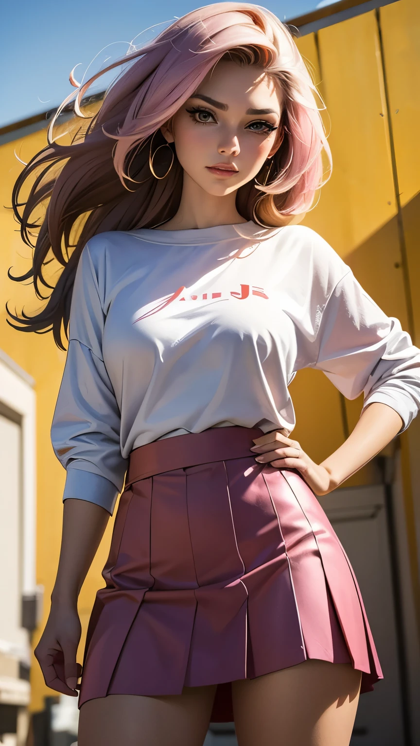 fundo, mixed language_SMS, Japanese graffiti letters , (beautiful and clear background :1.2), fantastic paintings, graffiti style, highly detailed eyes, a pink oversized loose fitting designer top, work of art, best quality, high quality, high resolution, detail enhancement, ((most beautiful image in the world)), work of art, shiny pink degradê hair, wearing skirt, art by stjepan sejic, art style of j scott campbell, Art by Guillem March, art style of citemer liu, 4k, high resolution, Comic book character, quadrinho, comix illustration style, sharp focus, perfect lighting, style of smeglejj