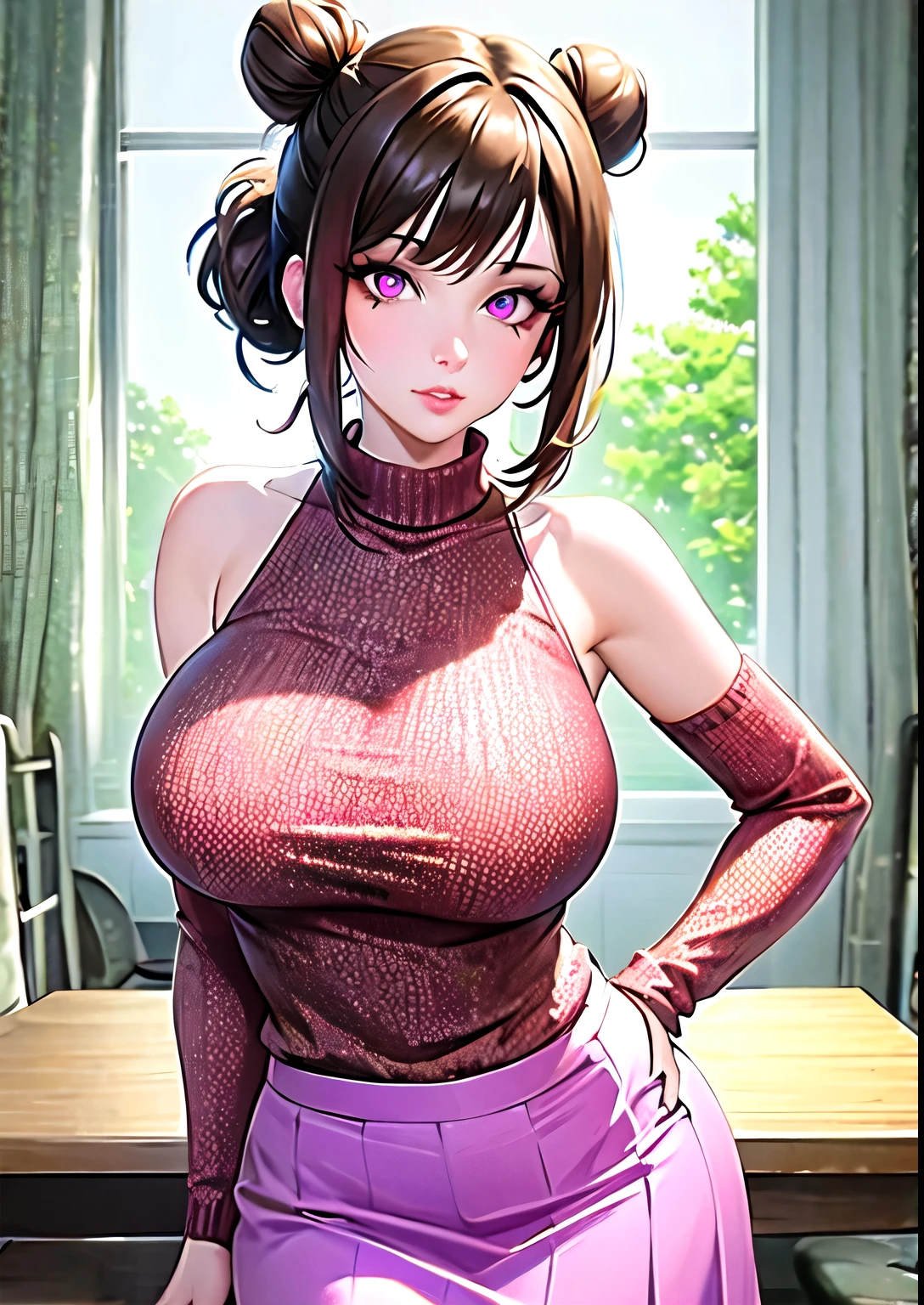 panorama,nighttime,(1girl),akiryo-mai ,jewelry,Brownish red hair,Shy, blushing,see-through,(Pink Mini Knit Dress:1.6),(((sweat ))), (Rose_tattoos :1.2) ,(((solo))),depth of field,(Masterpiece:1.5),(best quality:1.4),extremely detailed ,3D,Cinema-4D , 8k,Photorealistic ,( Charming female body), (gigantic breasts),Facing the camera, Pink lips,(((Finger details))),Subject centered,(((Extra hands))), (((extra legs))),