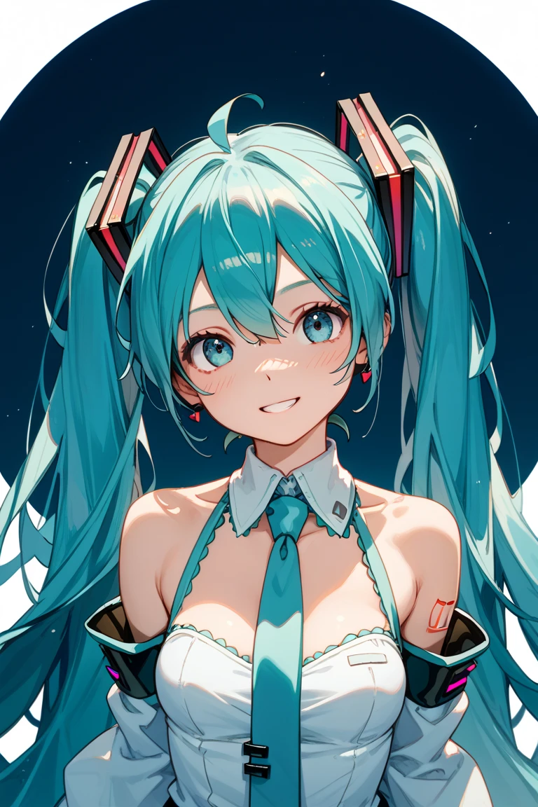 (masterpiece、最high quality、最high quality、Official Art、Beautiful and beautiful:1.2)、(One girl:1.3)Hatsune Miku、Twin tails,Beautiful breasts,high quality、Colorful color palette、high resolution、pretty girl、An unprecedented amount of drawing、Anime Style、Geometric background、Positive、Sticker Style、Long Hair、Light blue hair、Purple eyes
