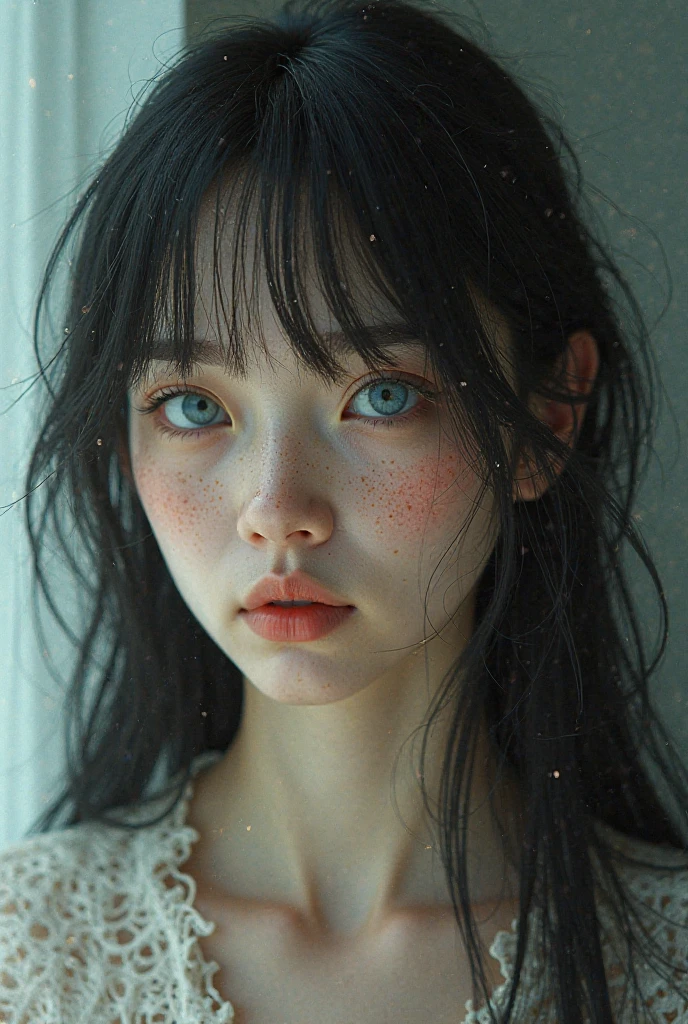 4K, Kizi, best qualityer,1 Kizi coreana,with freckles,photoshot dramática,blue white eyes, Wavy hair,black andwhite,photoshot