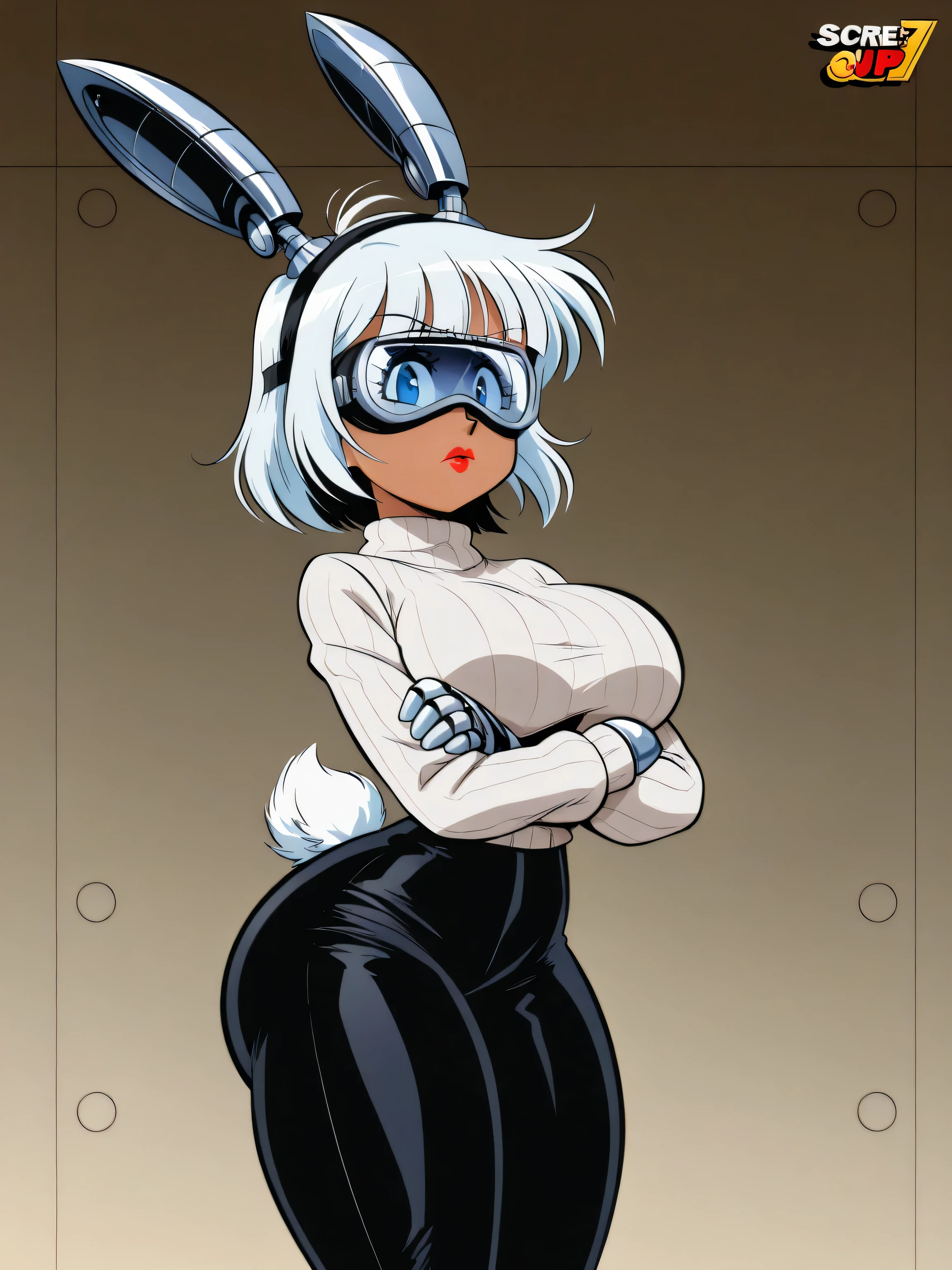 metallic ears, crossed arms, short, A sleek steampunk technological goggles over eyes, blue eyes, robotic hands sleek reflective metallic, His robotic mechanisms plating is a combination of highly polished silver and chrome, dark skin, front view, solo, serious face, big ass, white sweater, cartoony style, solo, white rabbit ears, Black pants, large breasts, large thighs, solo, red lipstick, standing up, short, robotic floppy rabbit ears, medium size white hair, white rabbit tail, best quality, amazing quality, highres, absurdres, score_9, score_8_up, score_7_up,source_anime,BREAK,masterpiece