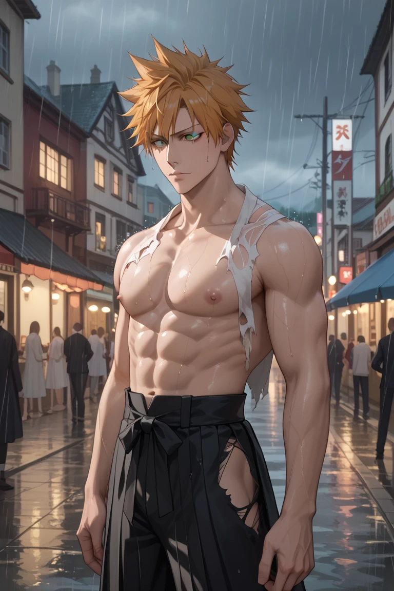 16 year old boy with blonde hair wolf tail and ears walking with a yukata open on his muscular chest