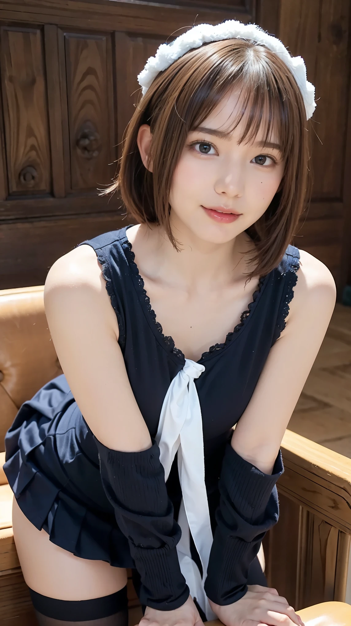 I applied a generous amount of cream to my body and chest..。Place your palm on your chin、Place your elbows on the ground。 (highest quality, High resolution, Tabletop:1.2), Very detailed, Realistic:1.37, Golden hair on the left、 Inward-curling short bob hair,Hide one eye with bangs 、Sleepy eyes, Beautiful fine details, Beautiful lip detail, smile, choker, woman、She has very big and beautiful breasts、frontage。Torn fishnet stockings。Cute Apron。