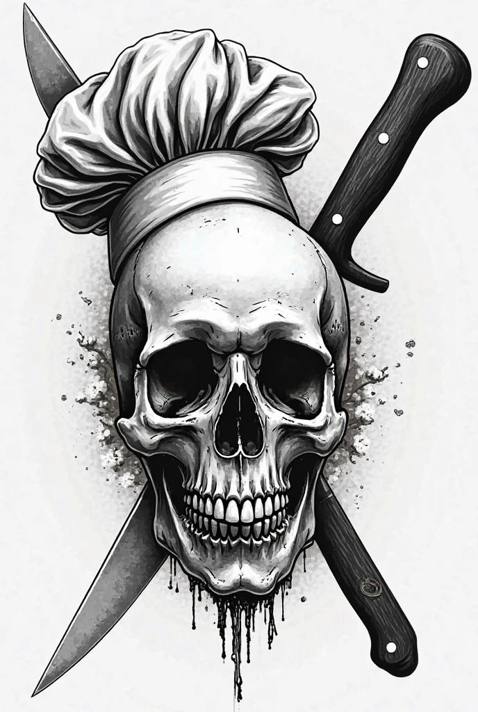 Design a t-shirt featuring a fantasy skullart illustration of a scary skull with a white chef hat Combine a detailed black and white drawing with vibrant, colorful digital fantasy elements. Draw inspiration from the intricate and dynamic styles of Dan Mumford, junko mizuno, and Frank Frazetta.negative space