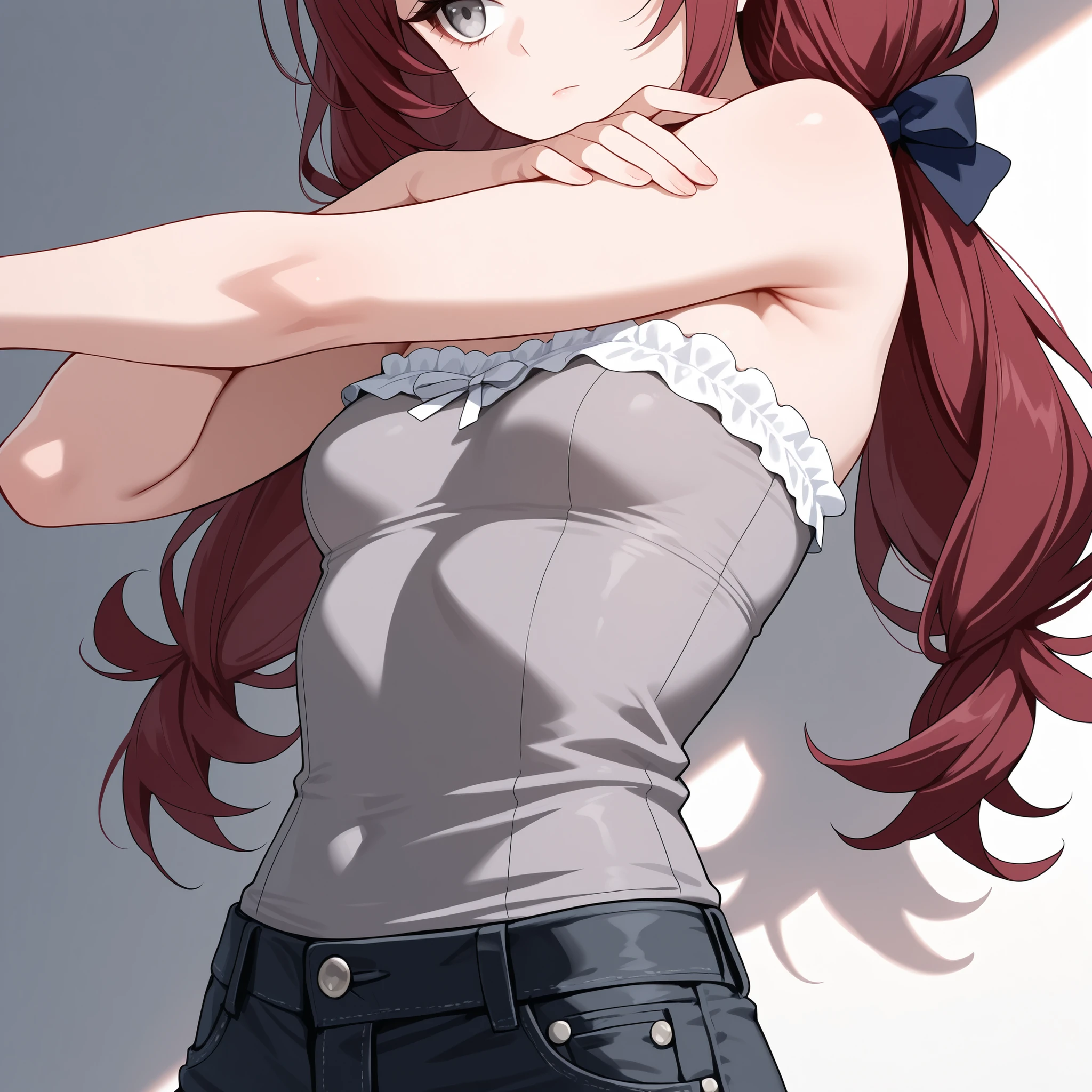 (masterpiece, best quality), solo, intricate details, JK, 1 expressionless girl, looking to the side, hand on own arm, beautiful face, Gray eyes, Dark red hair, long swept bangs, long hair in low twin tails, hair bows, strapless sleeveless shirt, gray shirt, shirt with white trim, white frill trim, black jeans, small breasts, slightly toned arms, close up, portrait,
