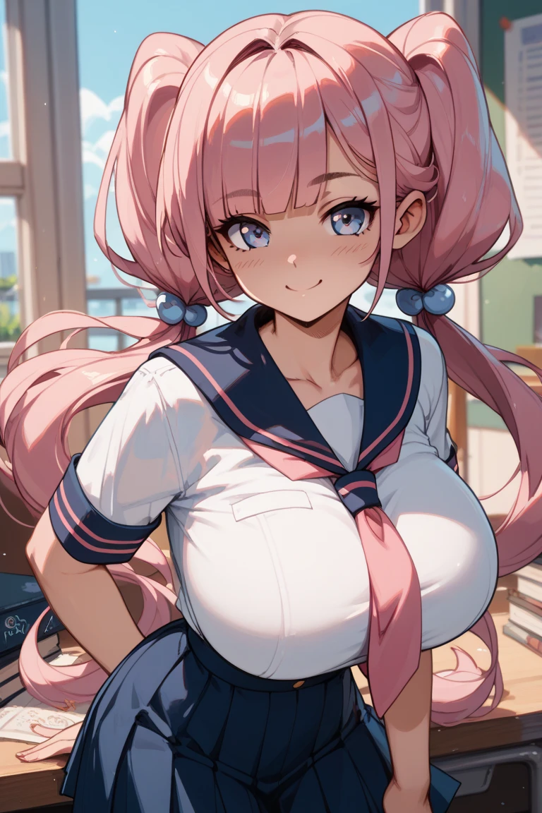(masterpiece、Highest quality、Super detailed)、((One girl))、((Pink Hair))、((Twin tails))、((Light blue eyes))、blush、evil smile、((Grin))、Earrings、steam、((Sweat))、((Very large breasts))、((serafuku))、((clothes lift))、Short sleeve、((light blue bra pull))、belly button、((POV Woman on top))、((pussy cum))、((2boys))、((penis))、((handjob))、Bedroom Background